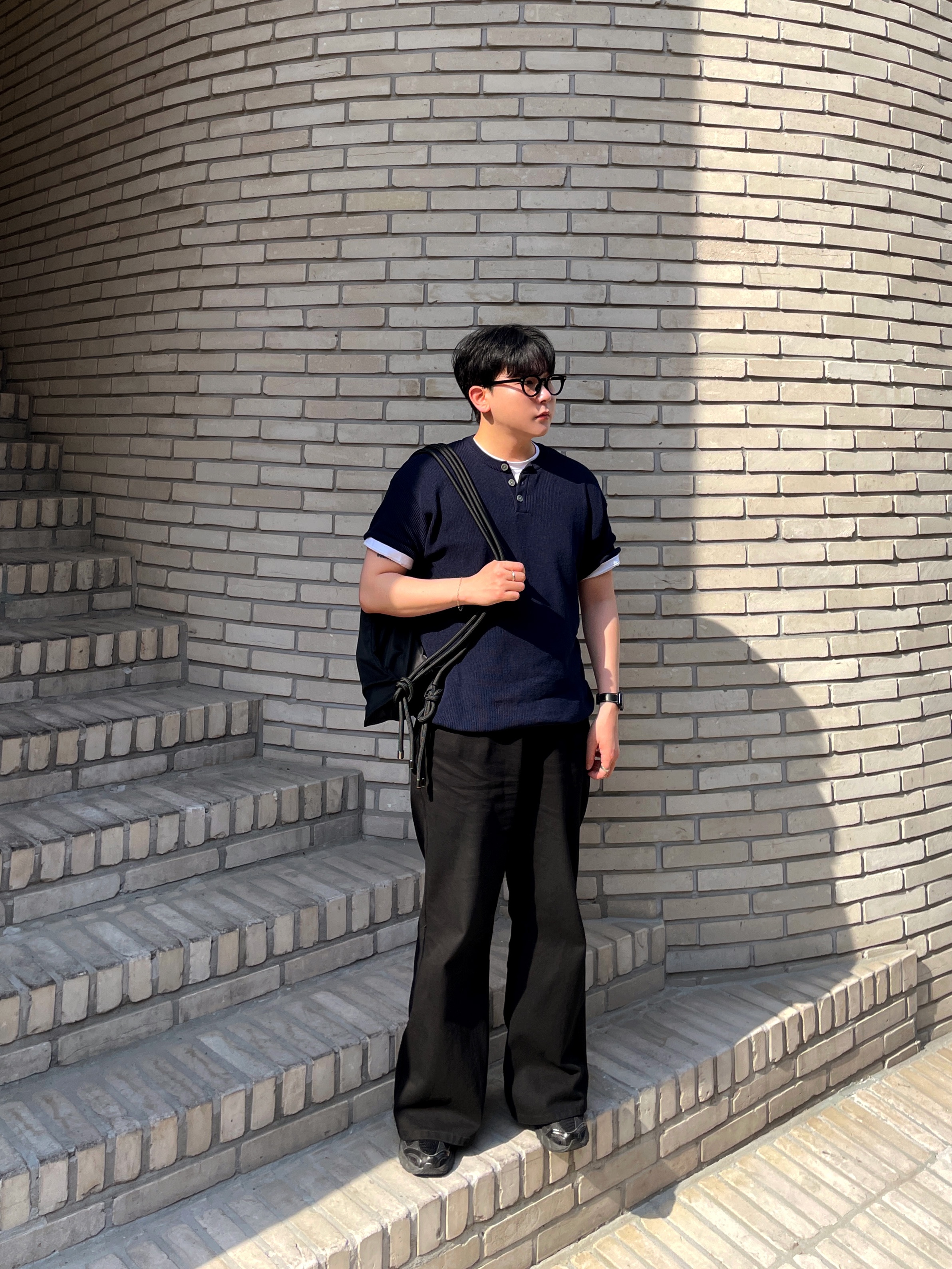 Knitted Coolever Henley Neck Half Sleeve Knit NVAY 착용 스타일 - 6