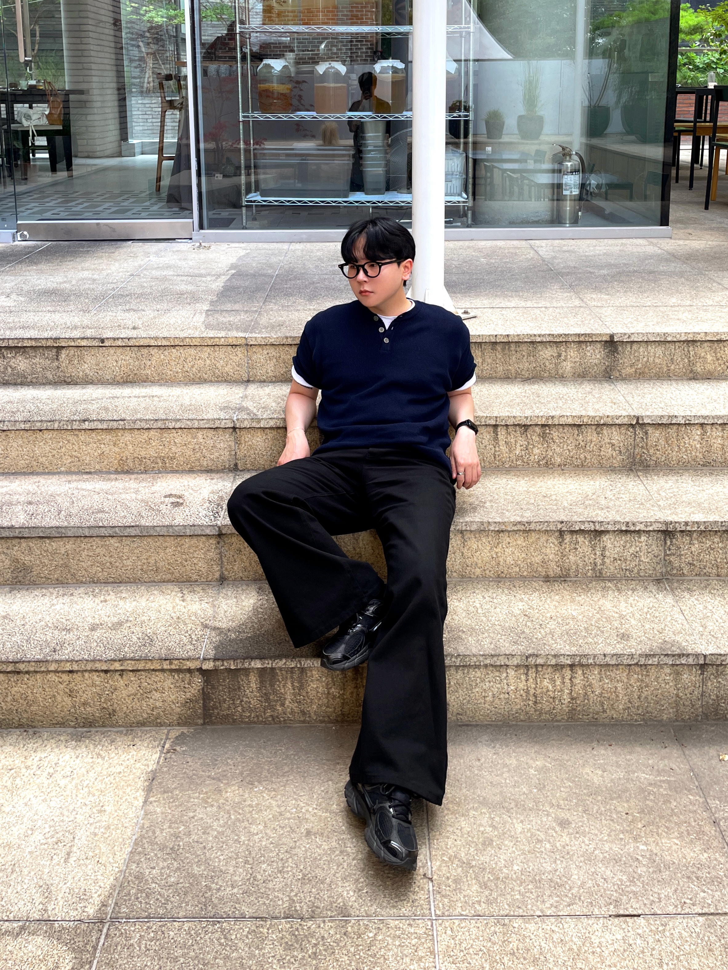 Knitted Coolever Henley Neck Half Sleeve Knit NVAY 착용 스타일 - 5