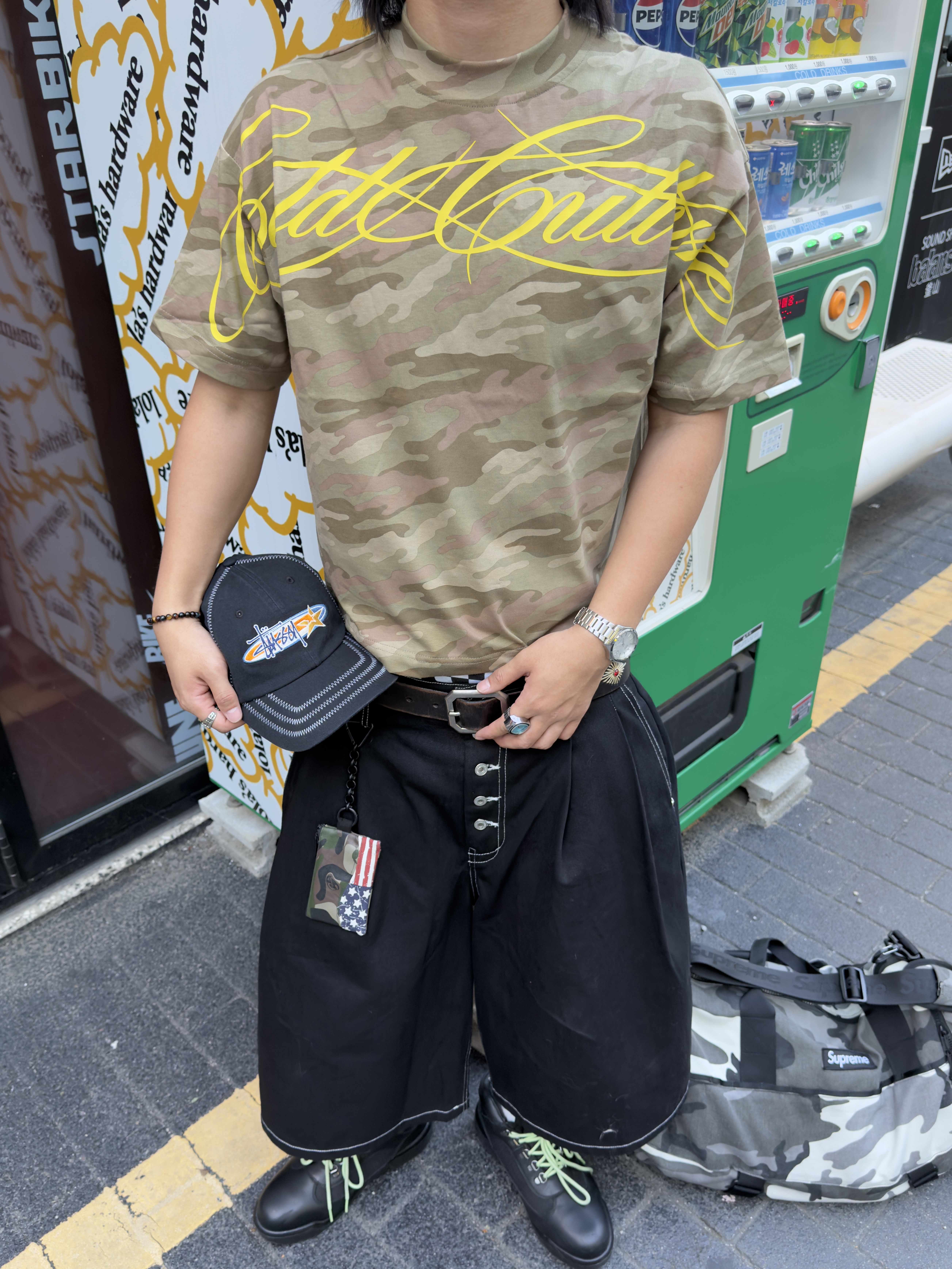 Stussy Oval Star Cap Black, Supreme Duffle Bag Snow Camo - 25SS 착용 스타일 - 5