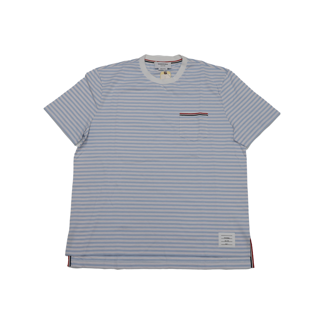 ITA4N5N7JIHV Thom Browne MJS205A Stripe Jersey Short Sleeve Pocket T-Shirt Light Blue/White