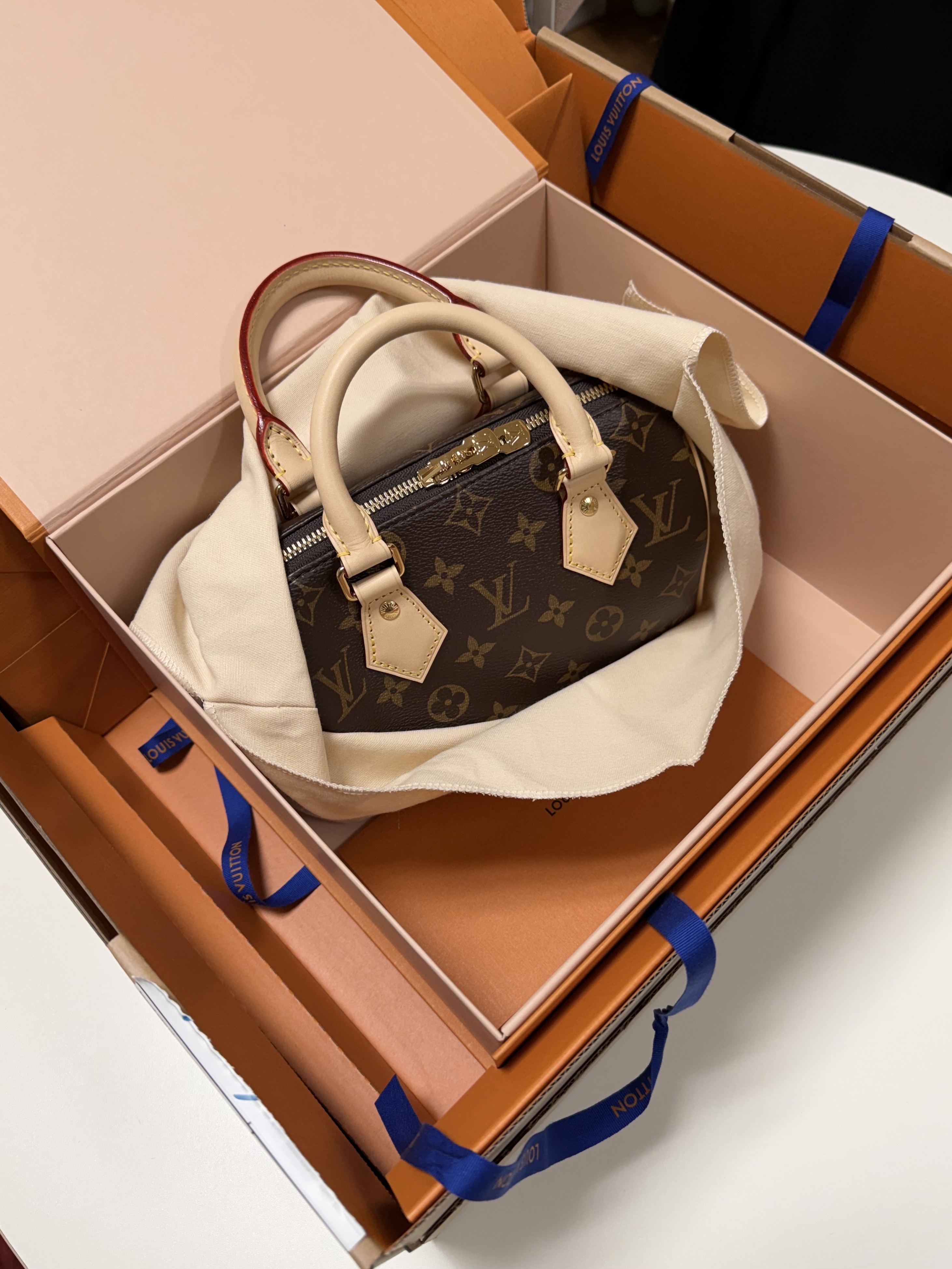 Louis Vuitton Speedy Bandouliere 20 Monogram Beige 착용 스타일 - 1