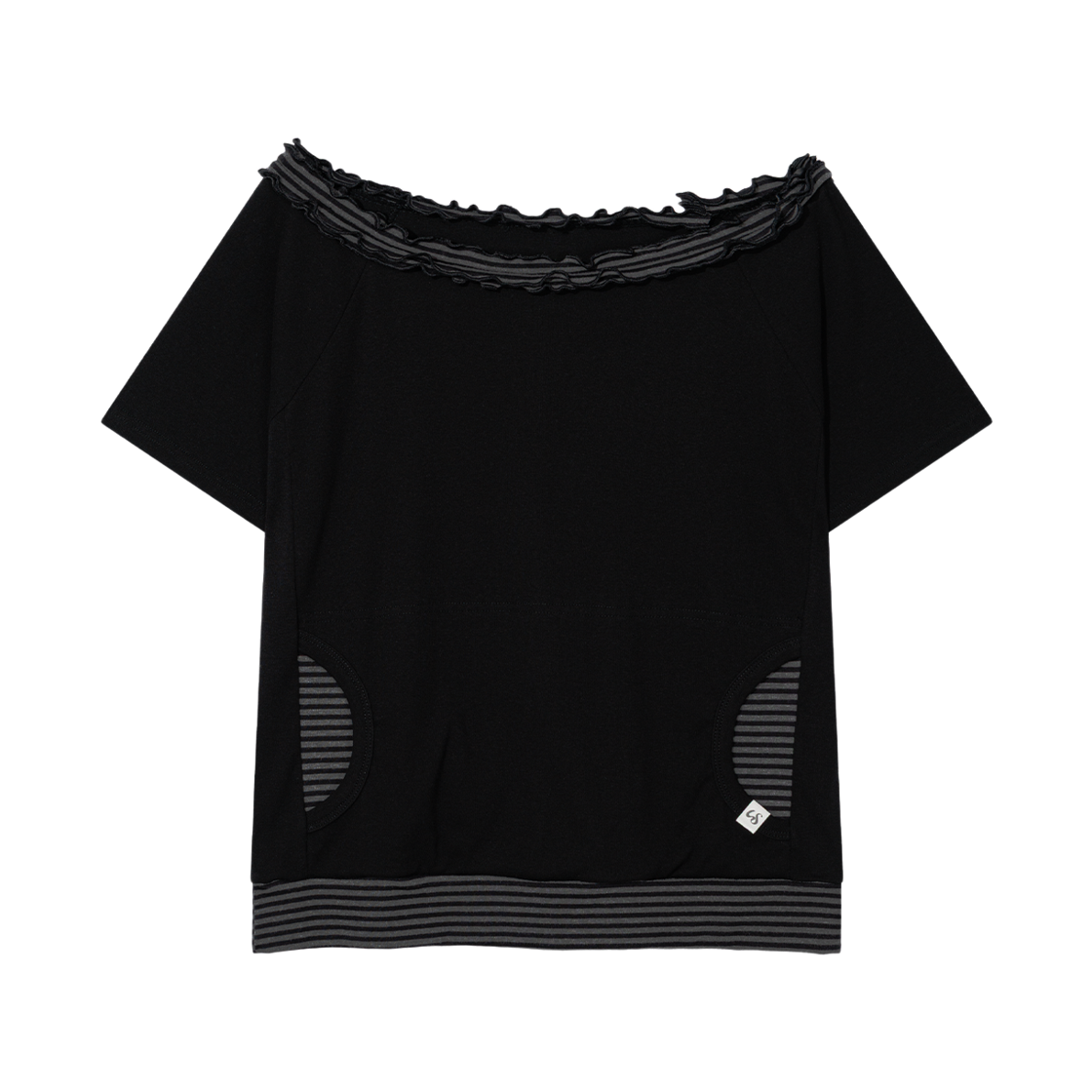 어글리쉐도우 스트라이프 프릴 오프숄더(블랙)(Uglyshadow Stripe Frill Off-Shoulder(Black))