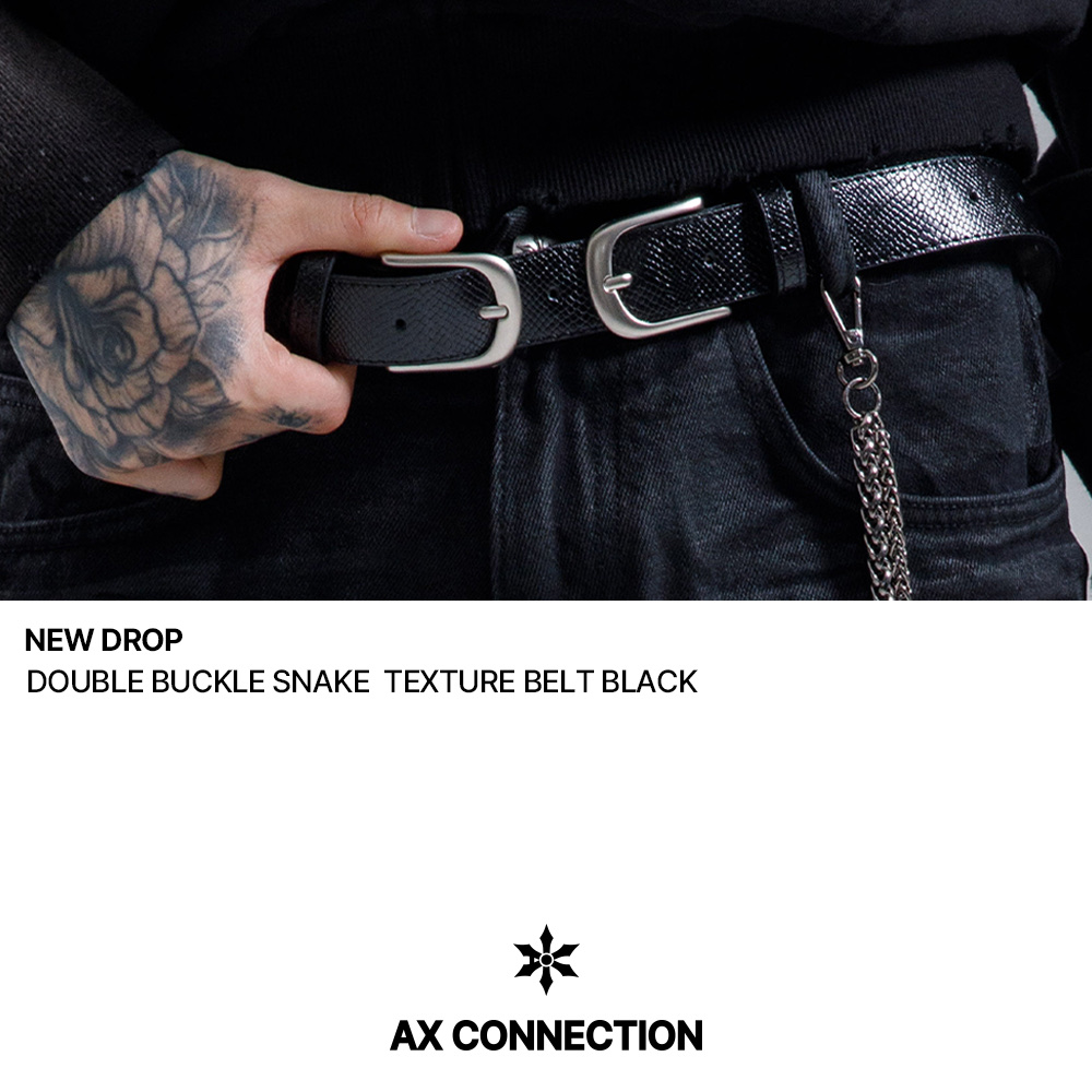 AX CONNECTION Double Buckle Snake Texture Belt Black 착용 스타일