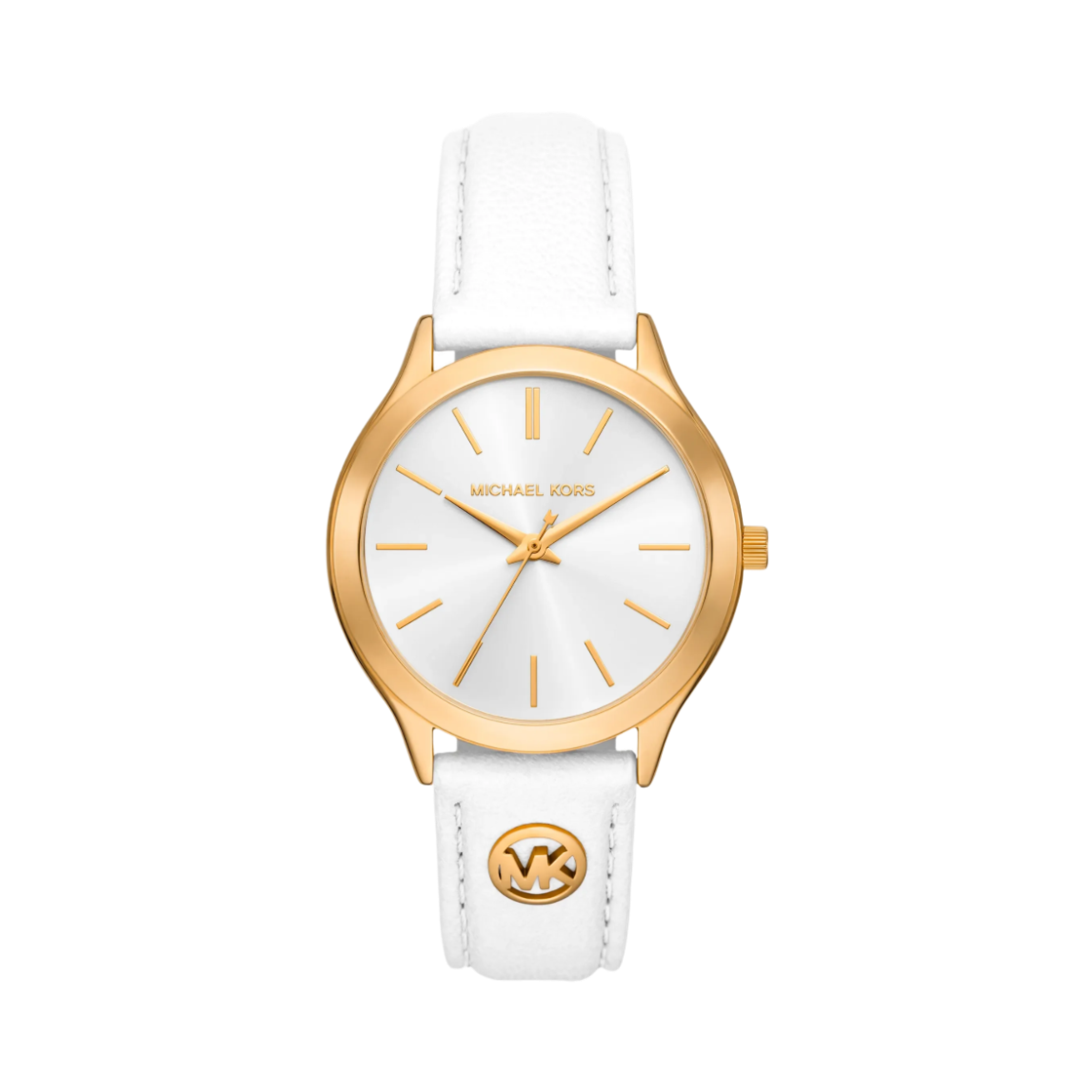 (W) 마이클 코어스 슬림 런웨이 쿼츠 쓰리핸드 38mm 레더 골드 톤 워치 옵틱 화이트((W) Michael Kors Slim Runway Quartz Three-Hand 38mm Leather Gold Tone Watch Optic White)