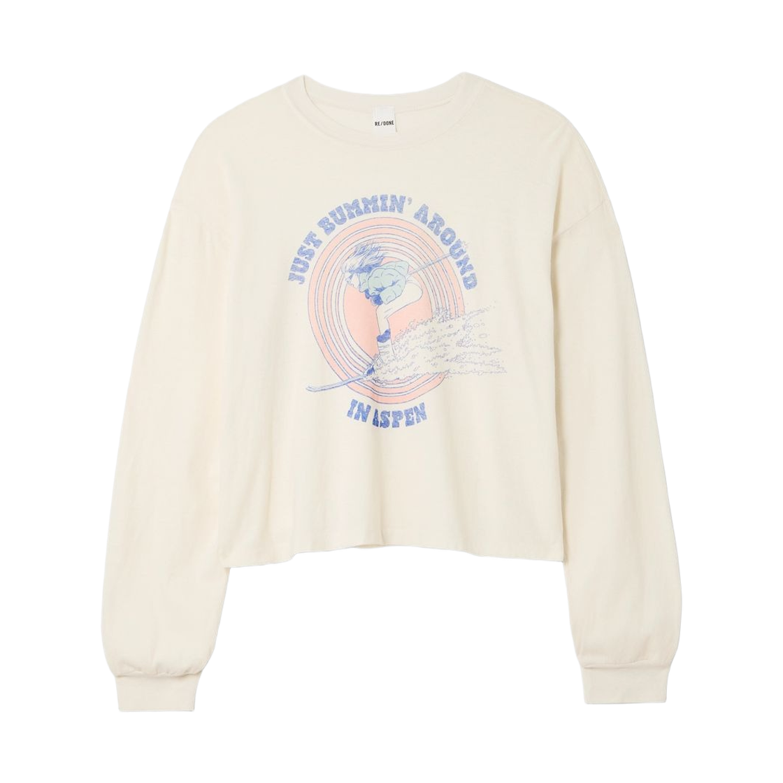 (W) 리던 박시 보이프렌드 스키 범 롱슬리브 티셔츠 빈티지 화이트((W) Re/Done Boxy Boyfriend Ski Bum Long Sleeve T-Shirt Vintage White)
