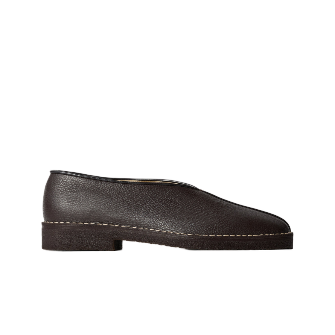 FO0292-LL205-449 Lemaire Piped Crepe Slippers in Leather Dark Brown