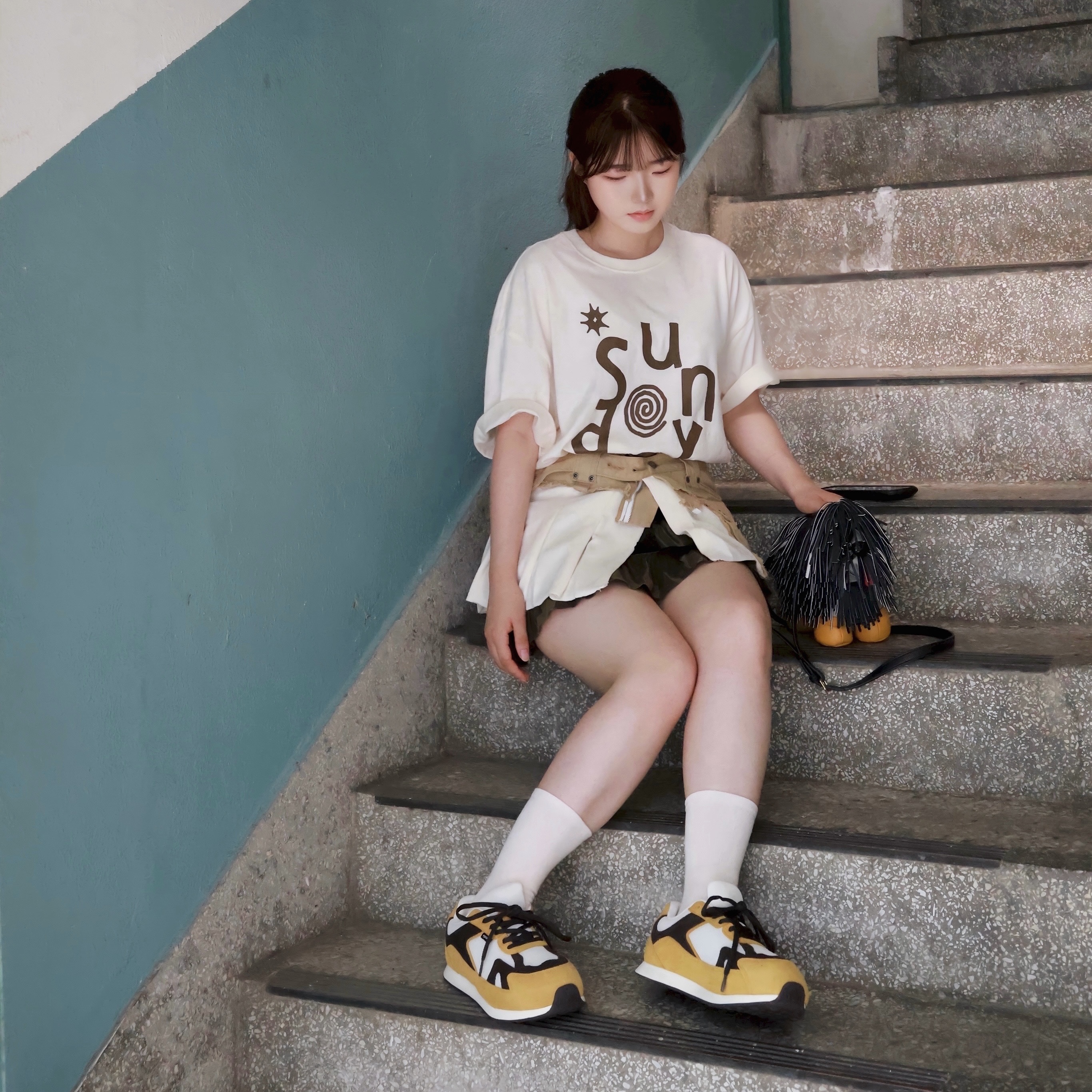 Vacant Archive Arron Layered Skirt Belt Beige 착용 스타일 - 1