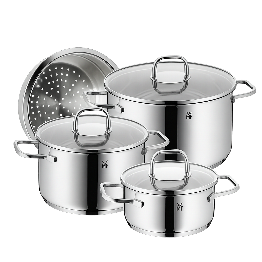 WMF NEW사피르 냄비 3종+찜기 (16L+20H+24H+20찜기)(WMF New Saphir 3‑Piece Pot Set + Steamer (16cm Low Pot + 20cm High Pot + 24cm High Pot + 20cm Steamer))
