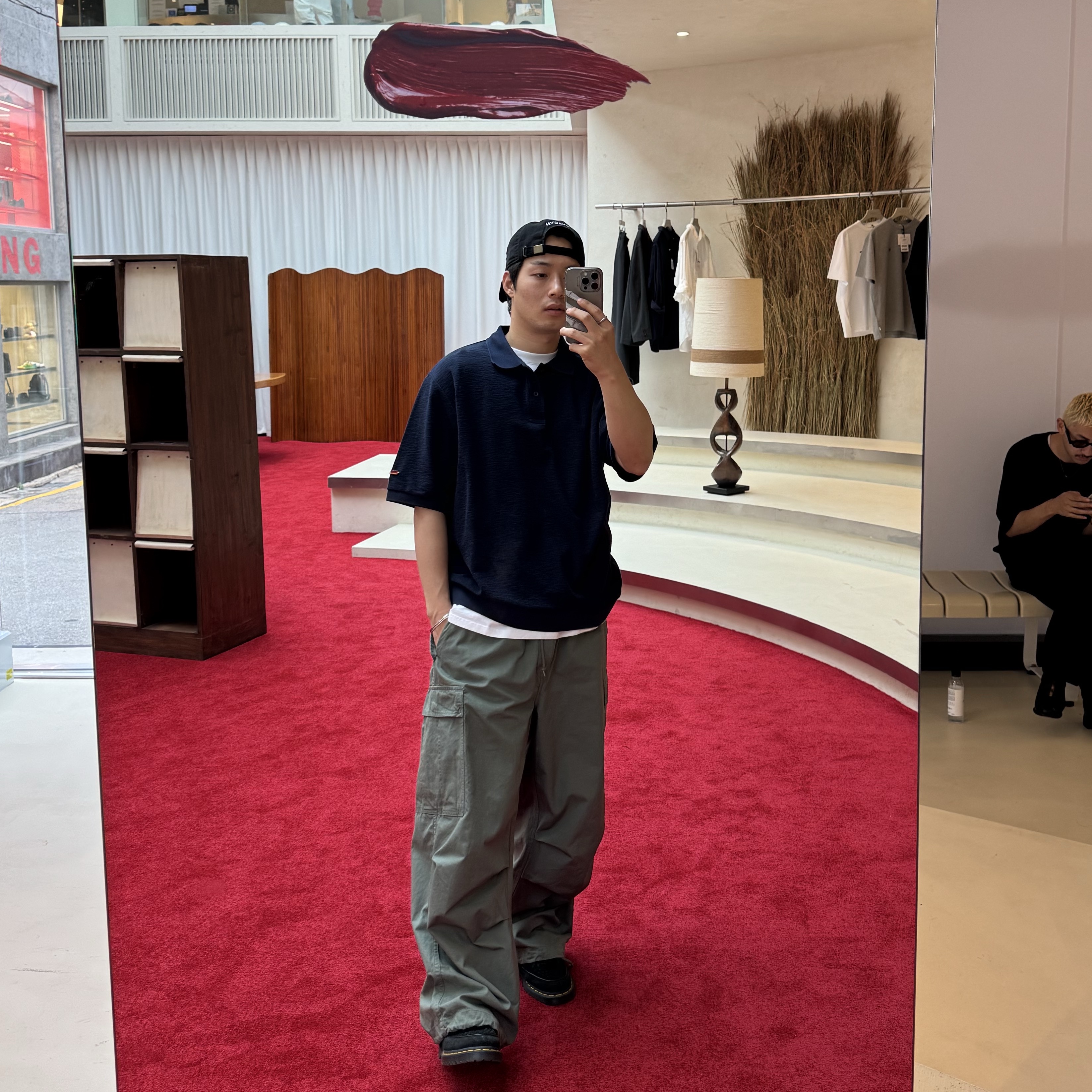 AKRYL Pique Polo Shirt Navy - 26FW, AKRYL Fat Cargo Pants Olive - 26FW 착용 스타일 - 1