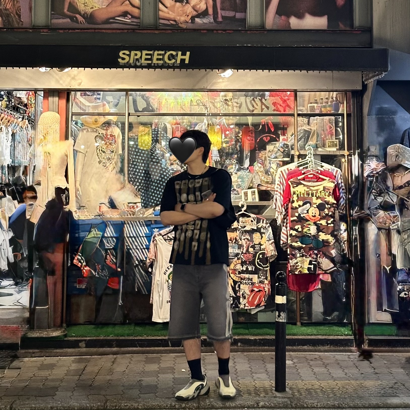 Kapital 14 oz. Denim 5P Bone Embroidery Short Pants Black, Kapital 20 Crew T-Shirt Black 착용 스타일