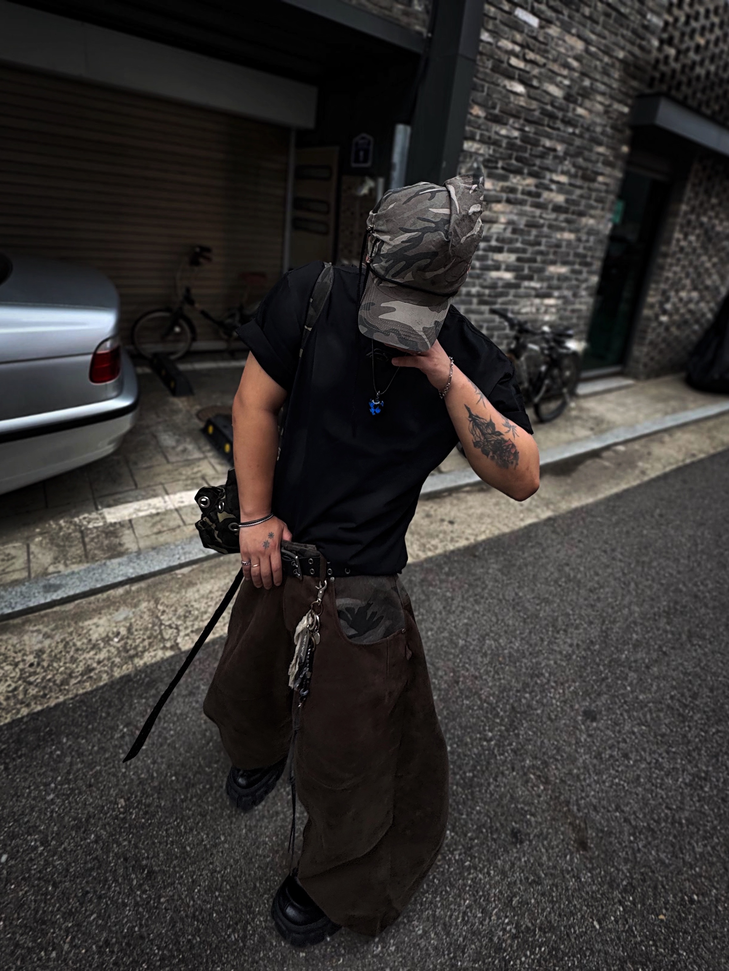 Force Sensitive FST Eyelet Studded Long Belt, Force Sensitive Fs Logo Shoulder Washing T-Shirt Black 착용 스타일 - 5