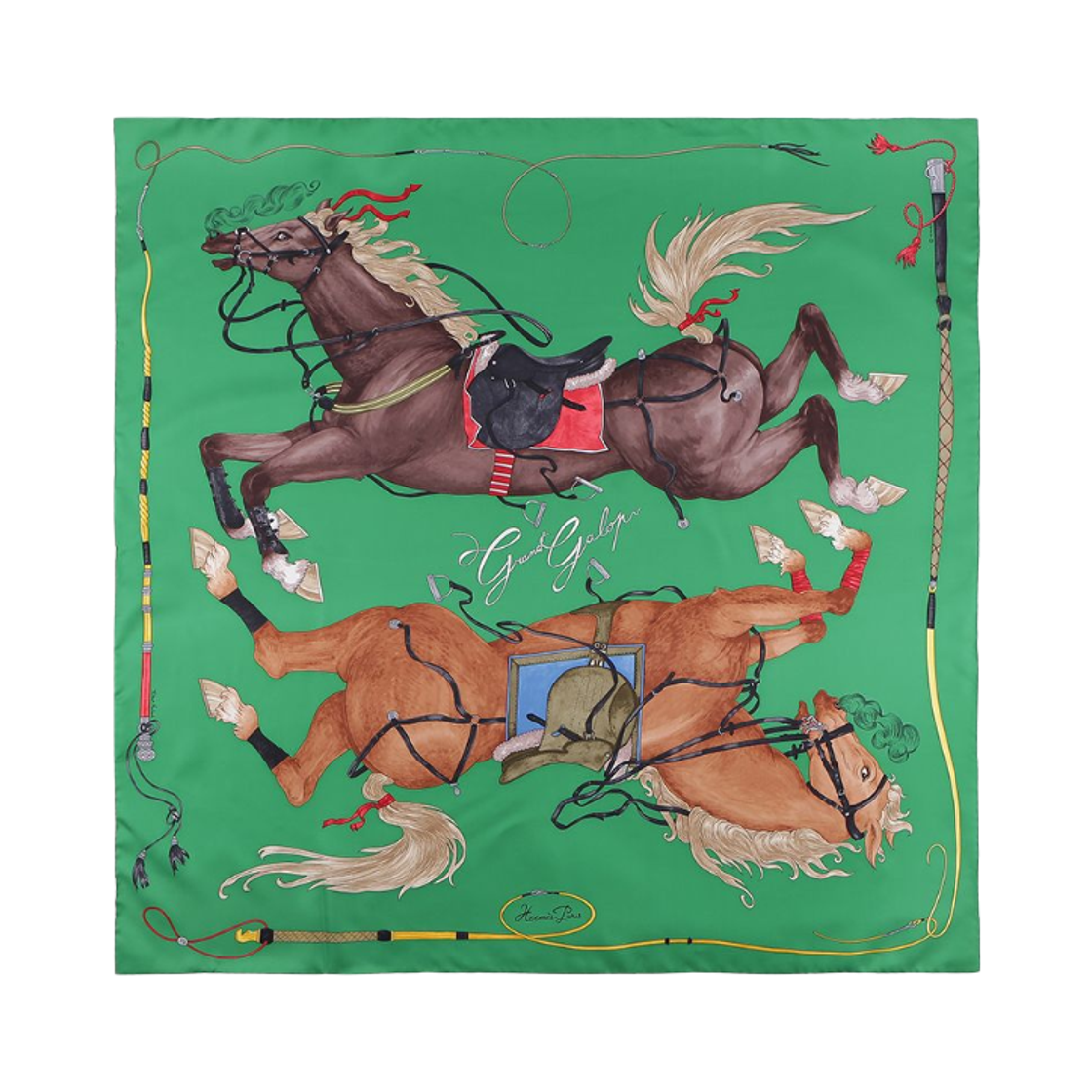 H004311S03 (W) Hermes Grand Galop Scarf 90 Silk Twill & Vert Emeraude Cuir Rouge