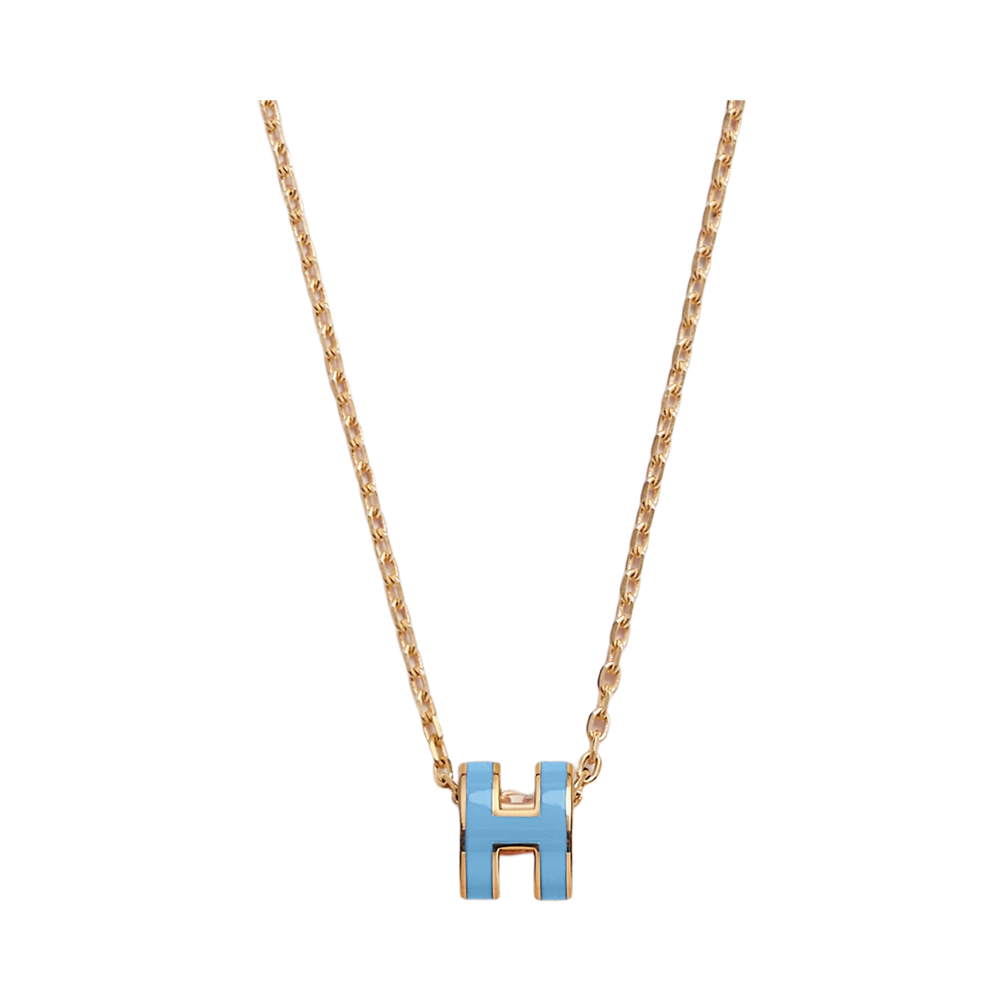H147992FG4 (W) Hermes Mini Pop H Pendant Lacquered Metal & Yellow Gold Bleu Orage