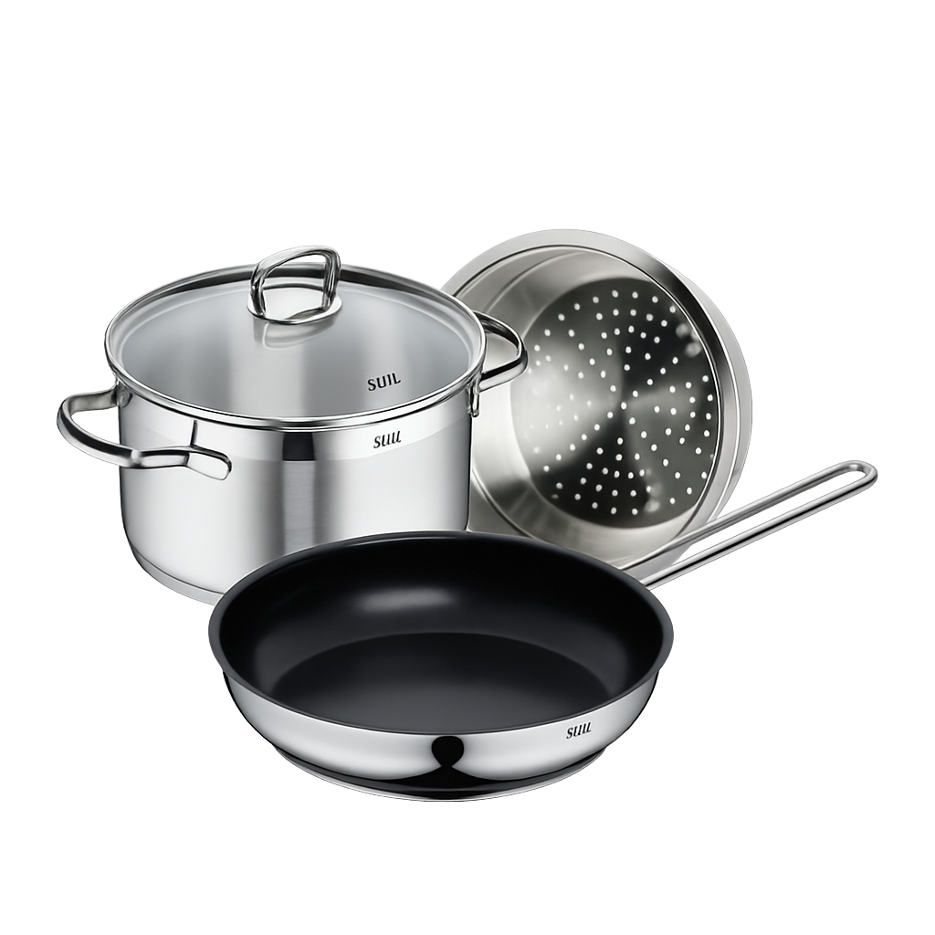 실리트 롬바르디아 냄비,후라이팬 3종(20H+FP24+찜기) 세트(Silit Lombardia Pot & Frying Pan 3‑Piece Set (20cm High Pot + 24cm Frying Pan + Steamer))