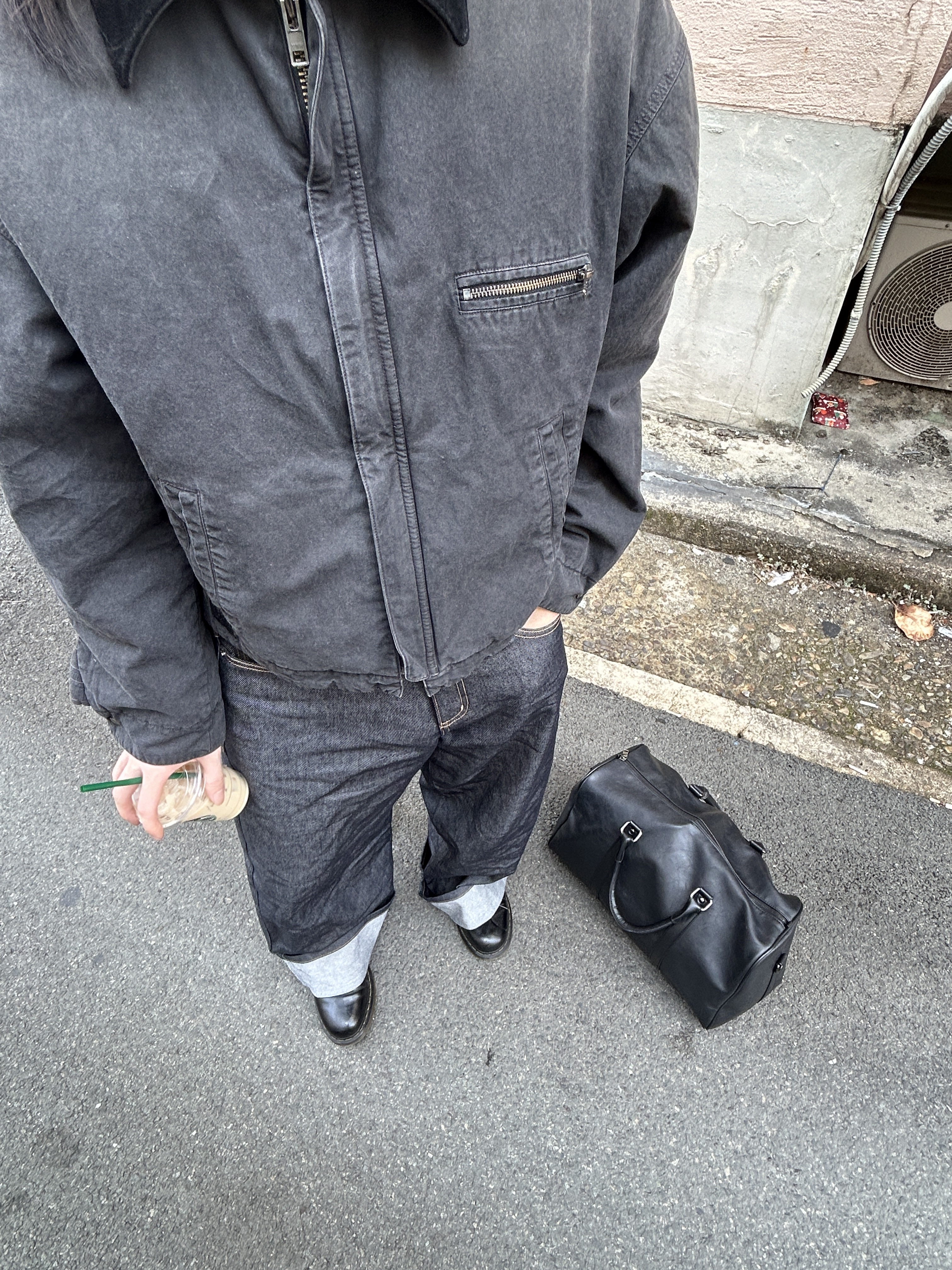 Polyteru Padded Work Jacket Charcoal (Leather Collar) 착용 스타일 - 3