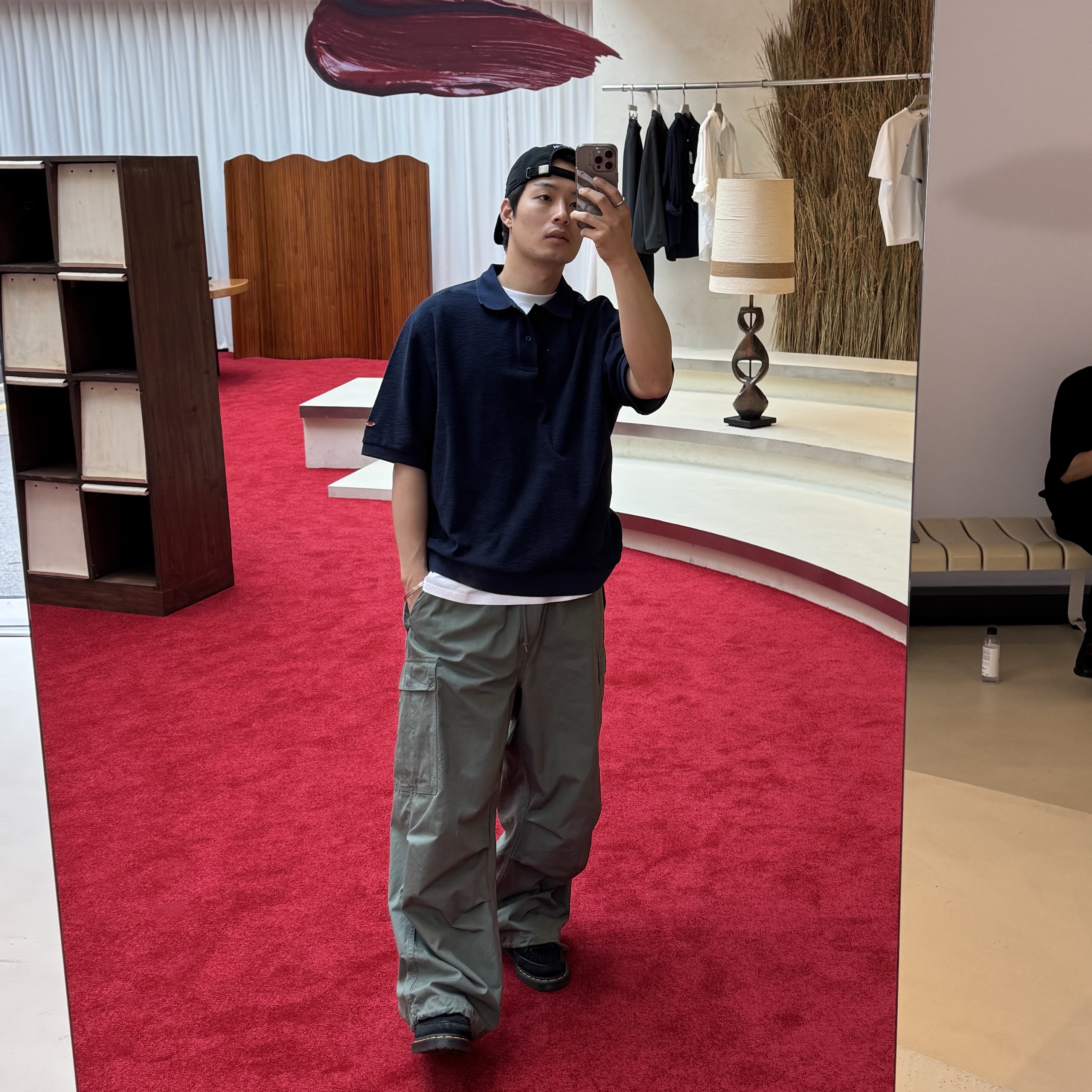 AKRYL Pique Polo Shirt Navy - 26FW, AKRYL Fat Cargo Pants Olive - 26FW 착용 스타일 - 3
