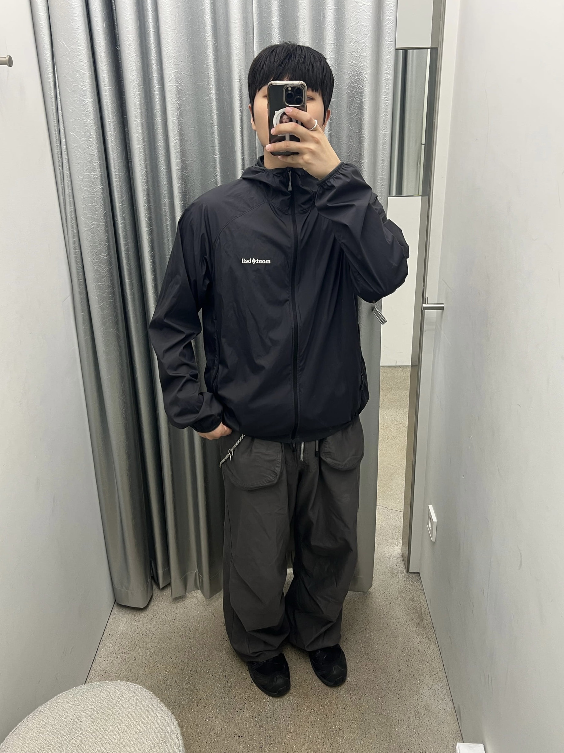 Montbell U.L. Stretch Wind Hooded Jacket Dark Gray, Cav Empt Cotton Mol Skin Flight Pants Grey - 25FW 착용 스타일