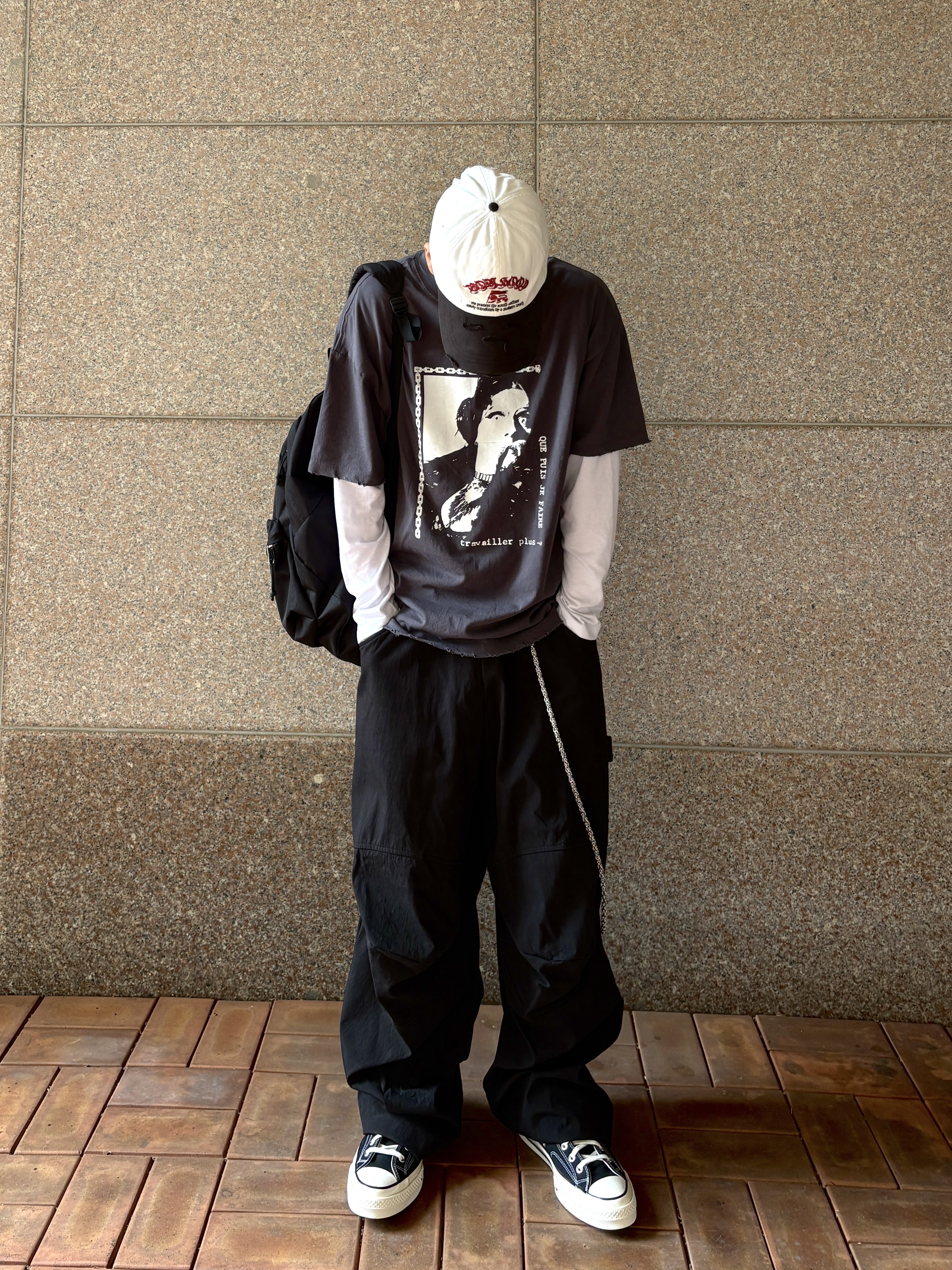 ETCE Boy Hood Destroyed Cap White, MJD X TRSC 3D Knee Nylon Pants Black 착용 스타일 - 1