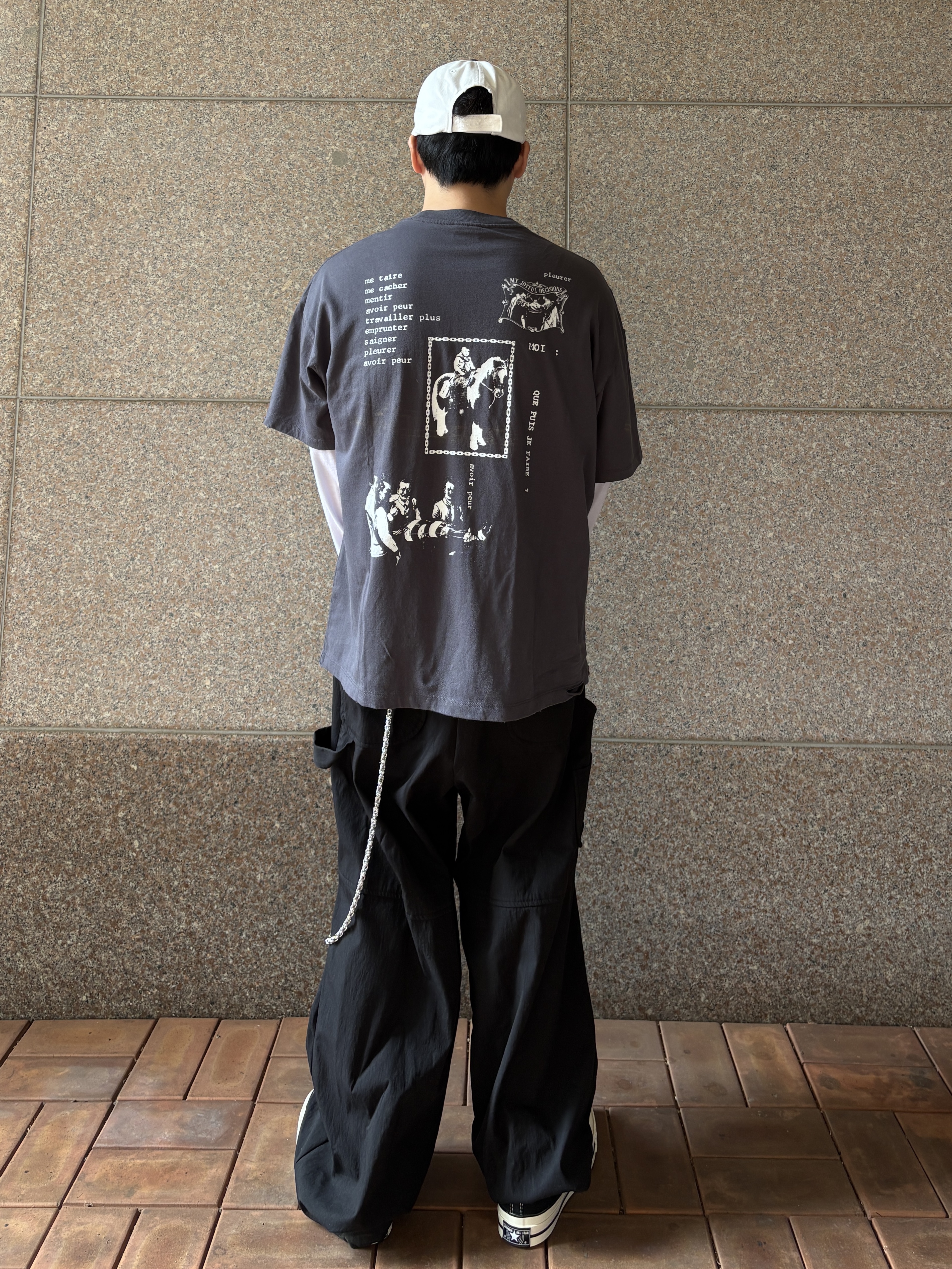 ETCE Boy Hood Destroyed Cap White, MJD X TRSC 3D Knee Nylon Pants Black 착용 스타일 - 4