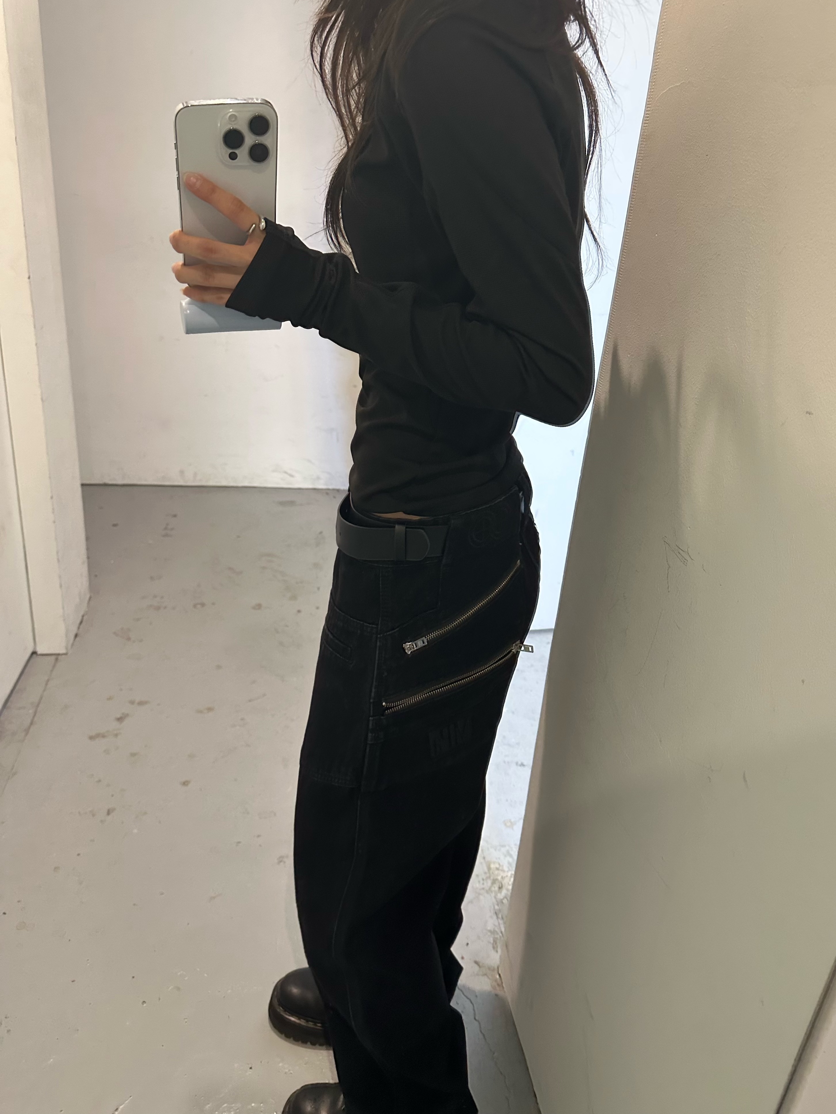 (W) Plastic Product MPa Long Sleeve T-Shirt Emerald, Plastic Product MPa Revealed Pocket Pants Black 착용 스타일