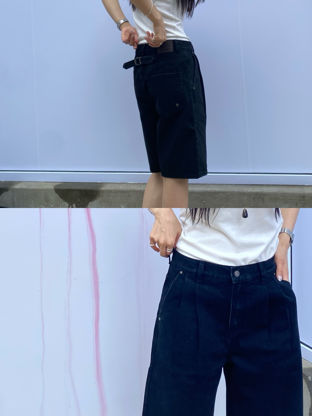 [KREAM 단독][니티드X림박스] Knitted Relaxed Washing Denim Two-Tuck Cinch Back Shorts Black 착용 스타일 - 1