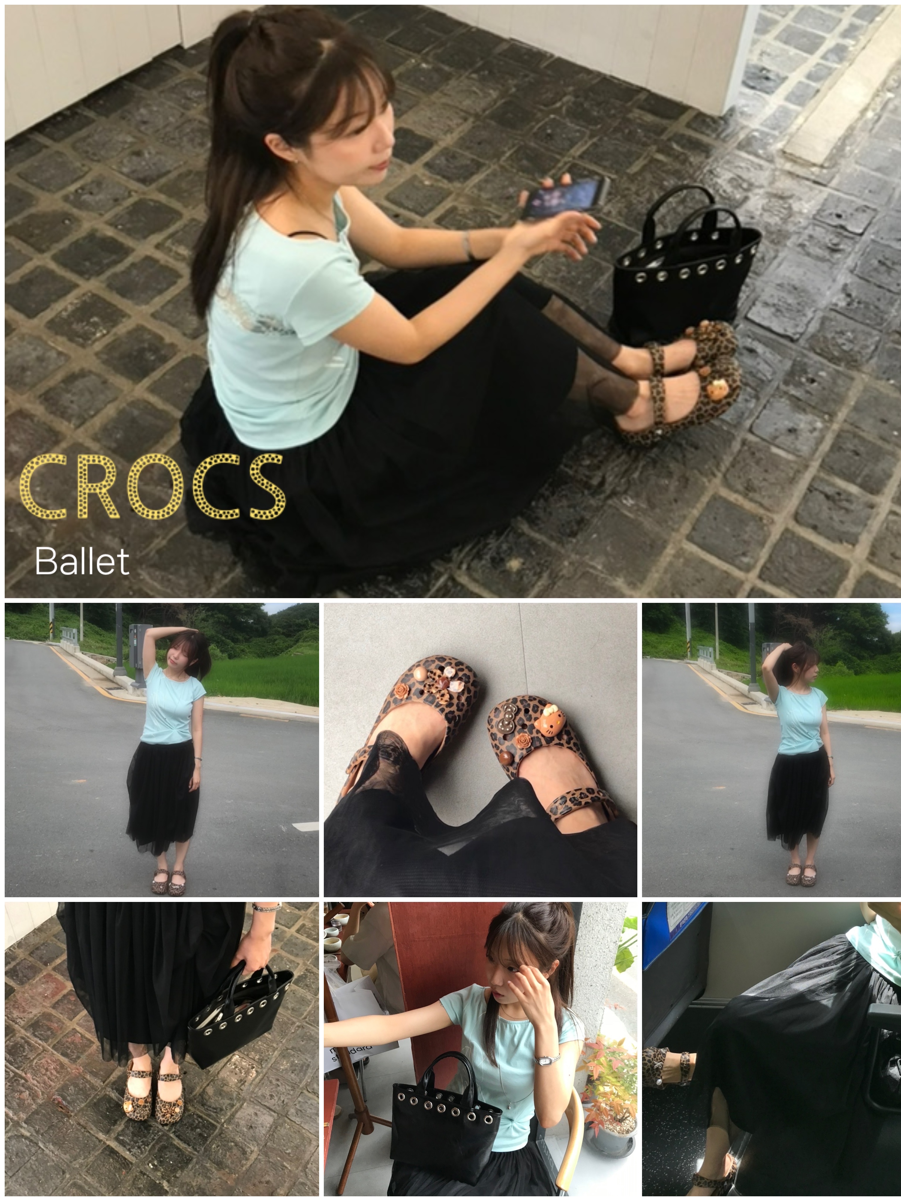 (W) Crocs Classic Animal Ballet Sepia Leopard 착용 스타일 - 2