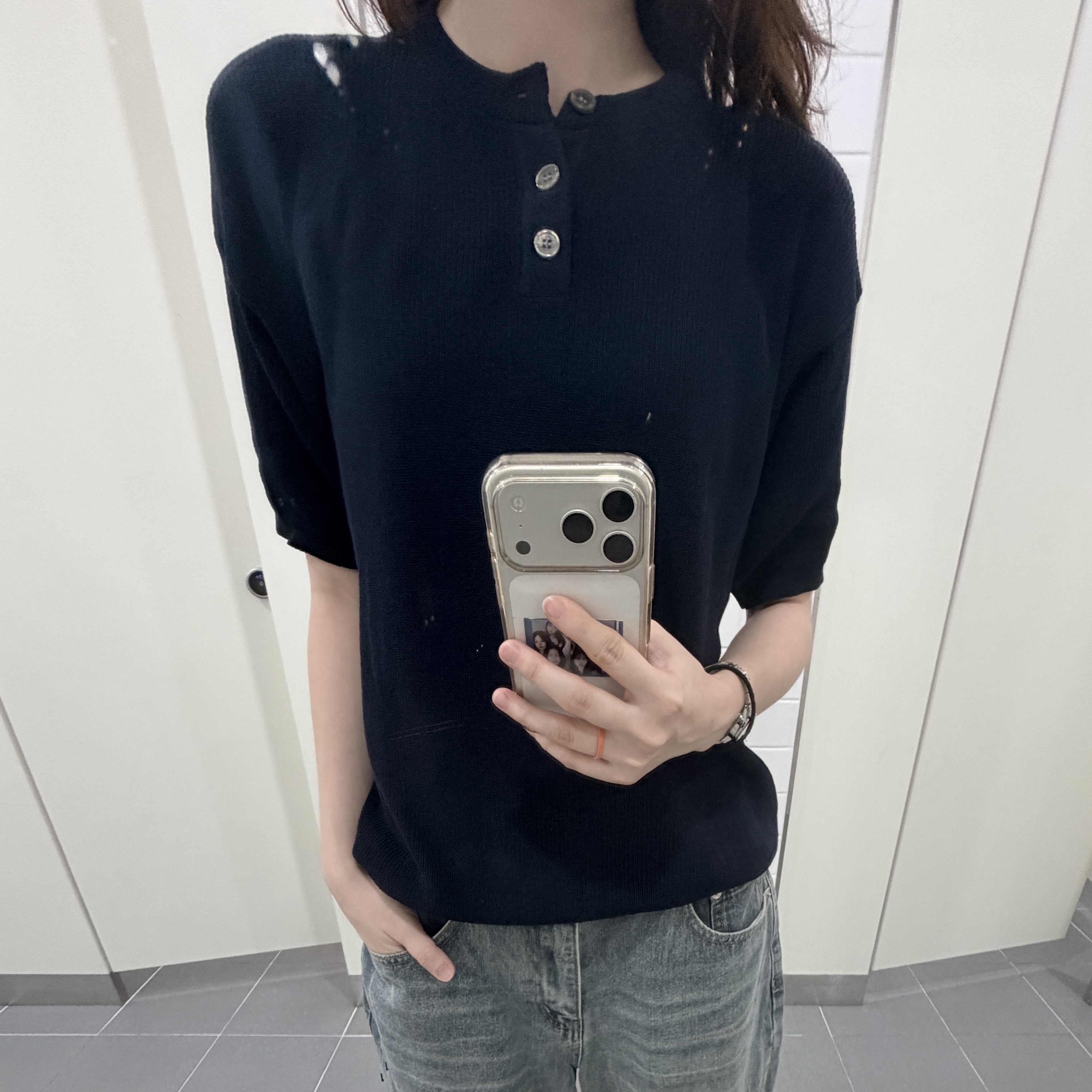 Knitted Coolever Henley Neck Half Sleeve Knit NVAY 착용 스타일 - 4