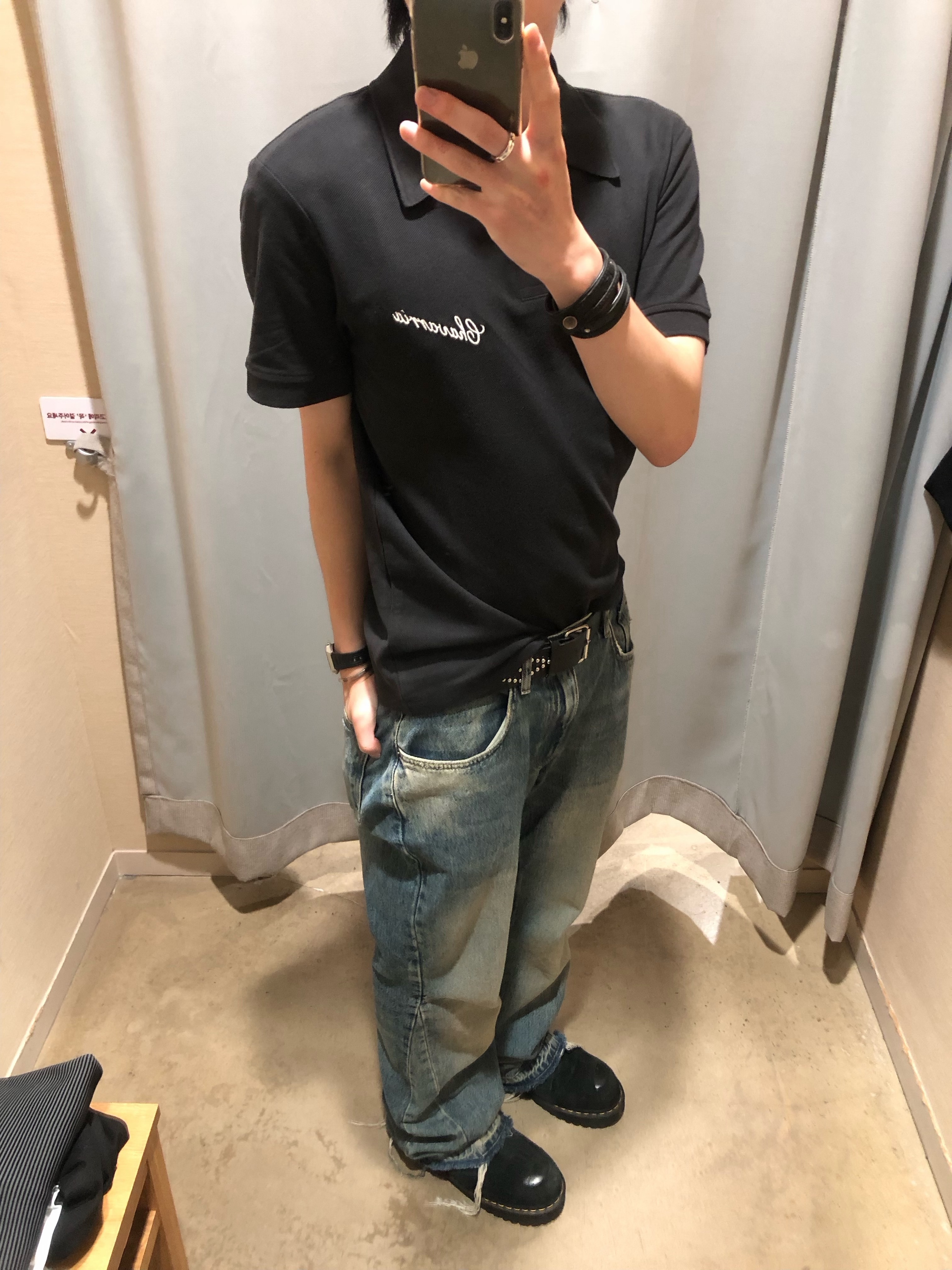 Zara x Willy Chavarria Slim Fit Polo Shirt Black, Dr. Martens 1461 Bex Steel Toe Overdrive Black 착용 스타일