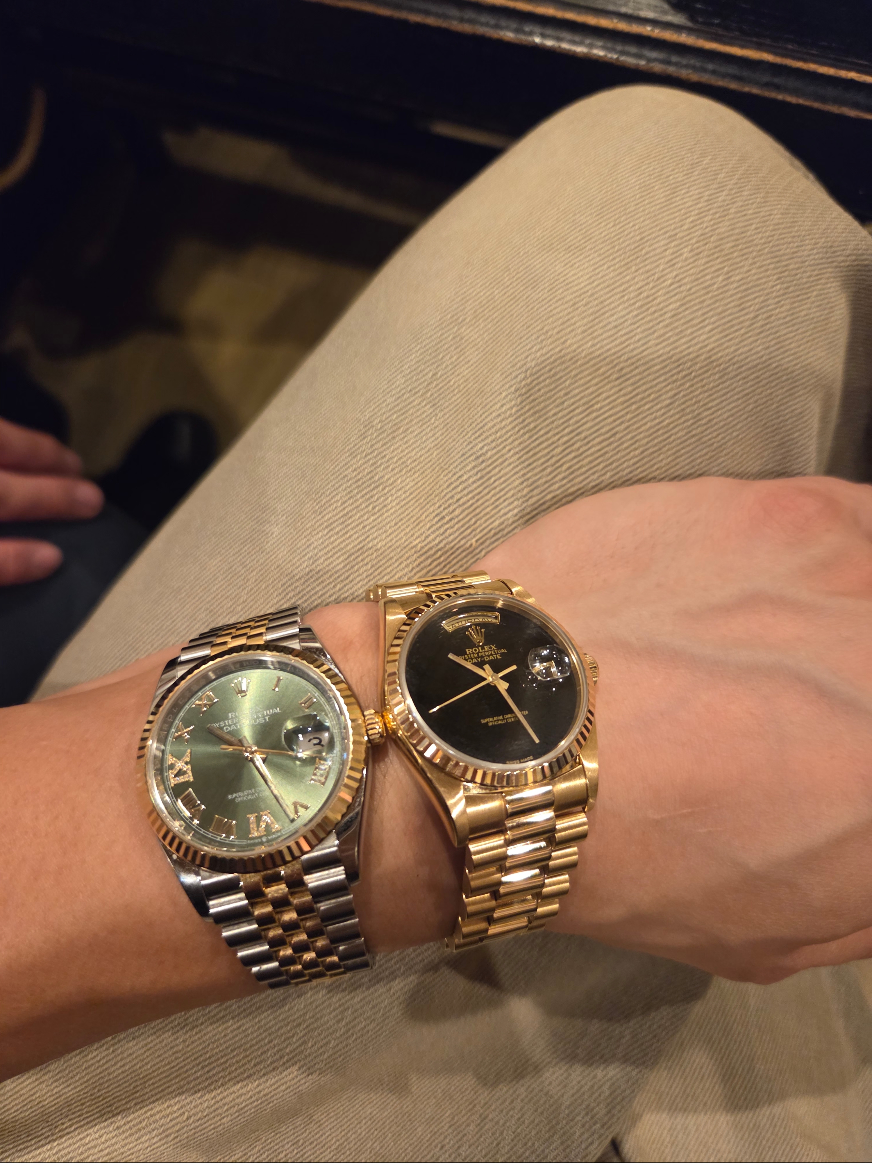 Rolex Datejust 36mm 126233 Olive Green Roman Diamond-Set Jubilee, Rolex Day-Date 118238 Champagne Diamond 10P 36mm 착용 스타일