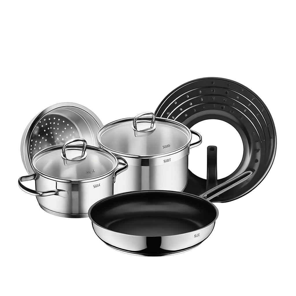 SILIT019 Silit Silissome Lombardia Stainless Steel Pot & Frying Pan 3‑Piece Set + Steamer + Splatter Guard