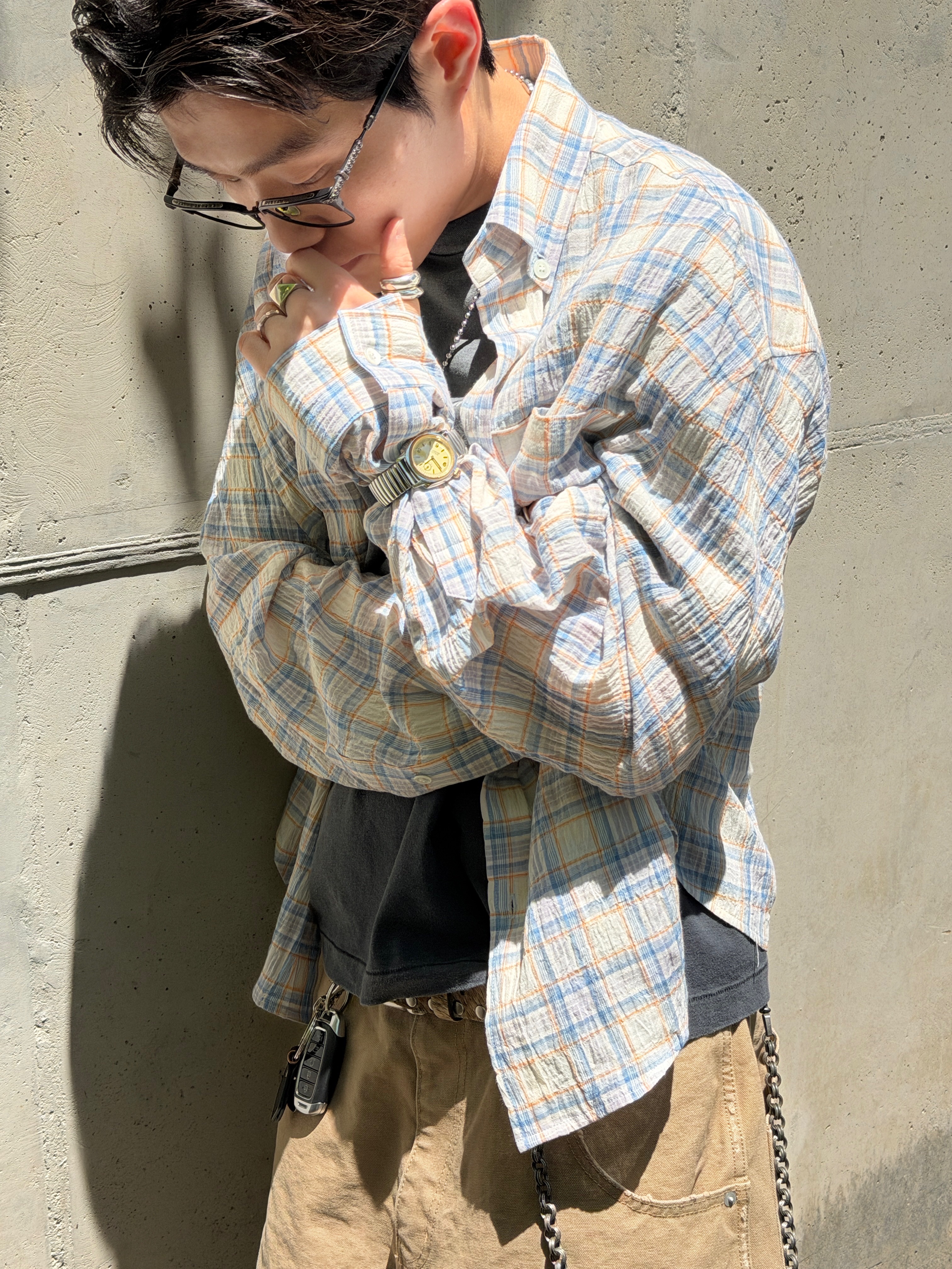 MJD Canvas 3D Knee Shorts Beige, MJD Oversized Drippy Shirt Blue 착용 스타일 - 9