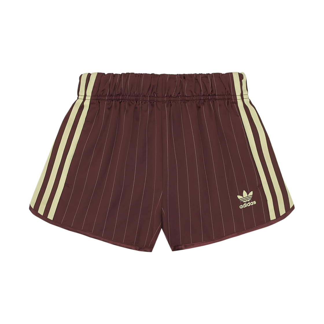 (W) 아디다스 핀스트라이프 사틴 쇼츠 브라운 - KR 사이즈((W) Adidas Pinstripe Satin Shorts Brown - KR Sizing)