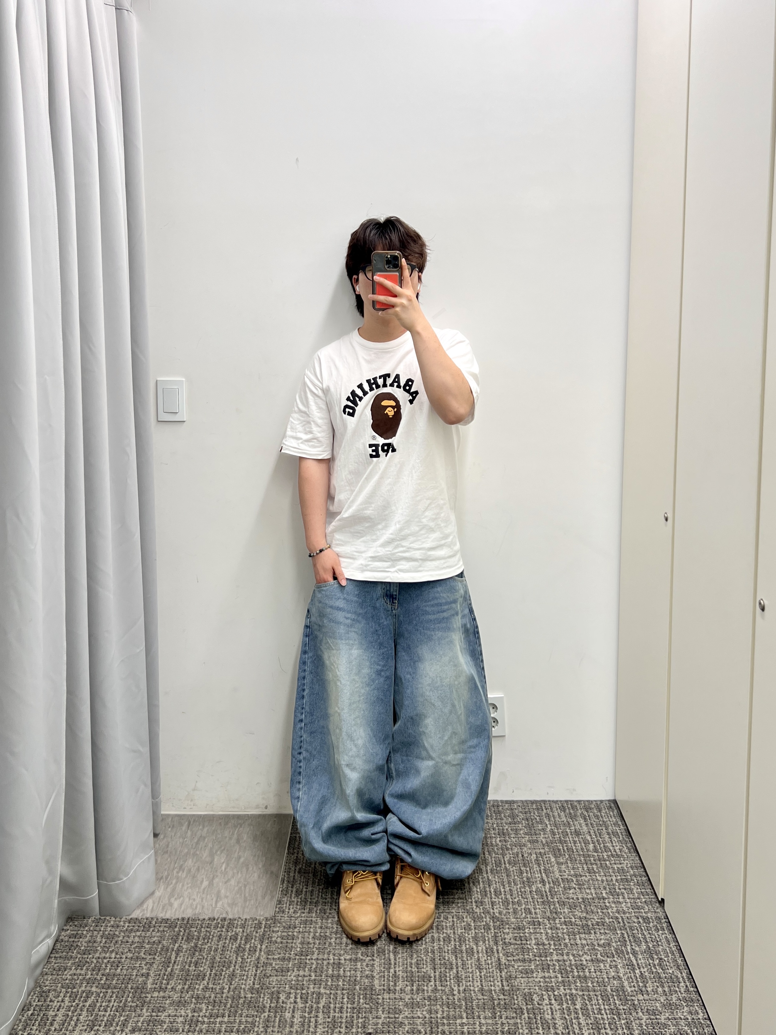 Timberland Premium 6 inch Waterproof Boot Wheat Nubuck - Wide, BAPE College T-Shirt White 착용 스타일 - 5