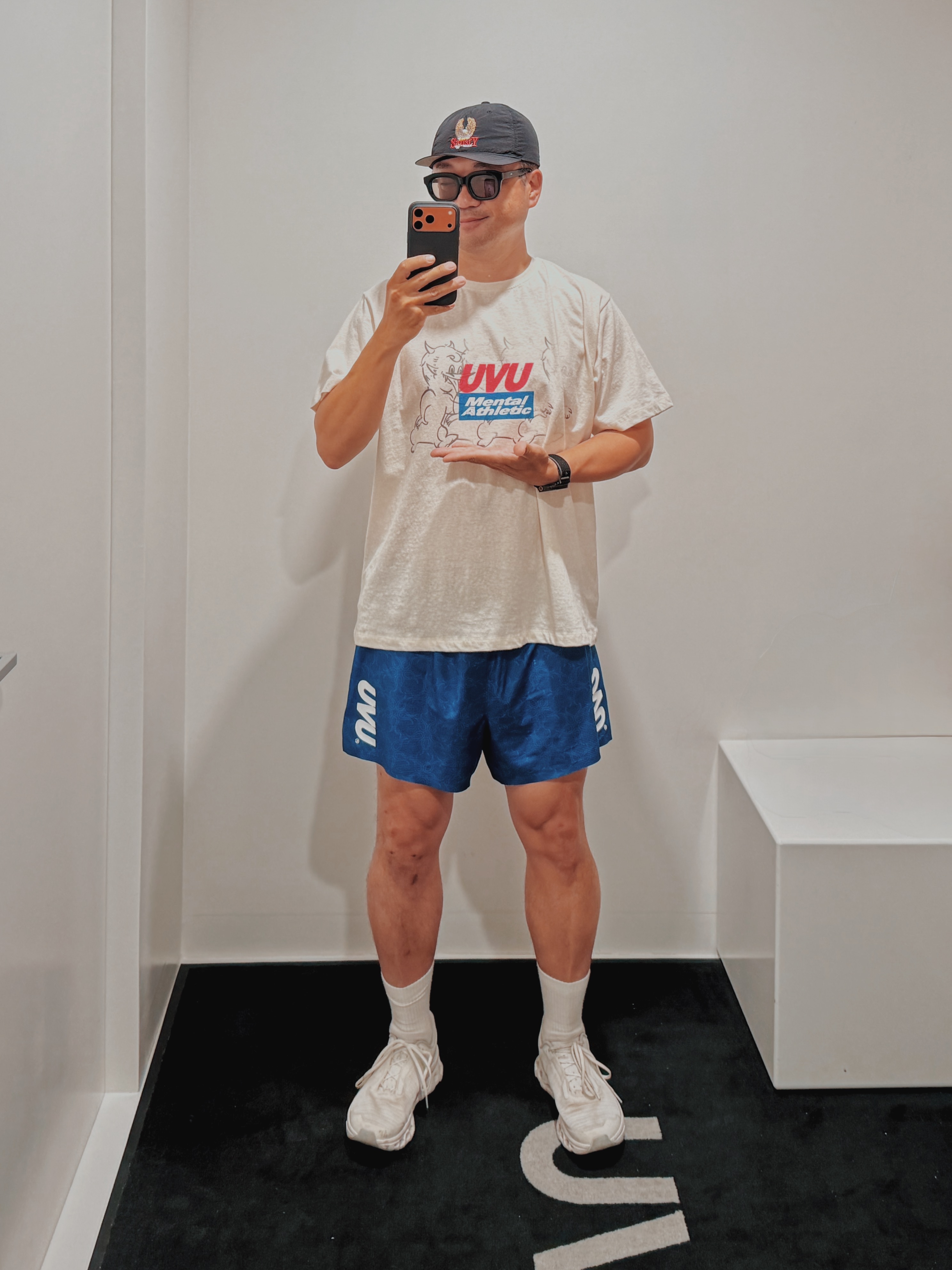 UVU x Mental Athletic T-Shirt White, UVU Tokyo '26 Split Shorts Blue 착용 스타일
