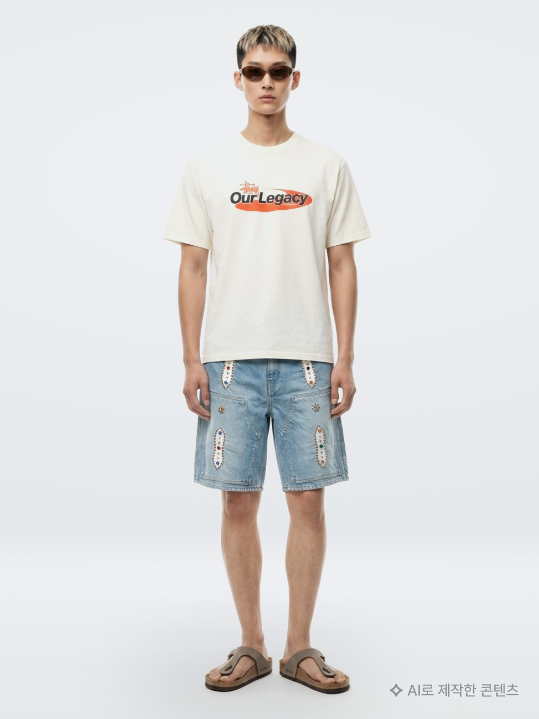 Stussy x Our Legacy Collegiate Pig. Dyed T-Shirt Taupe Overdyed Black, Suade Wide Cargo Shorts Green Camo 착용 스타일 - 9