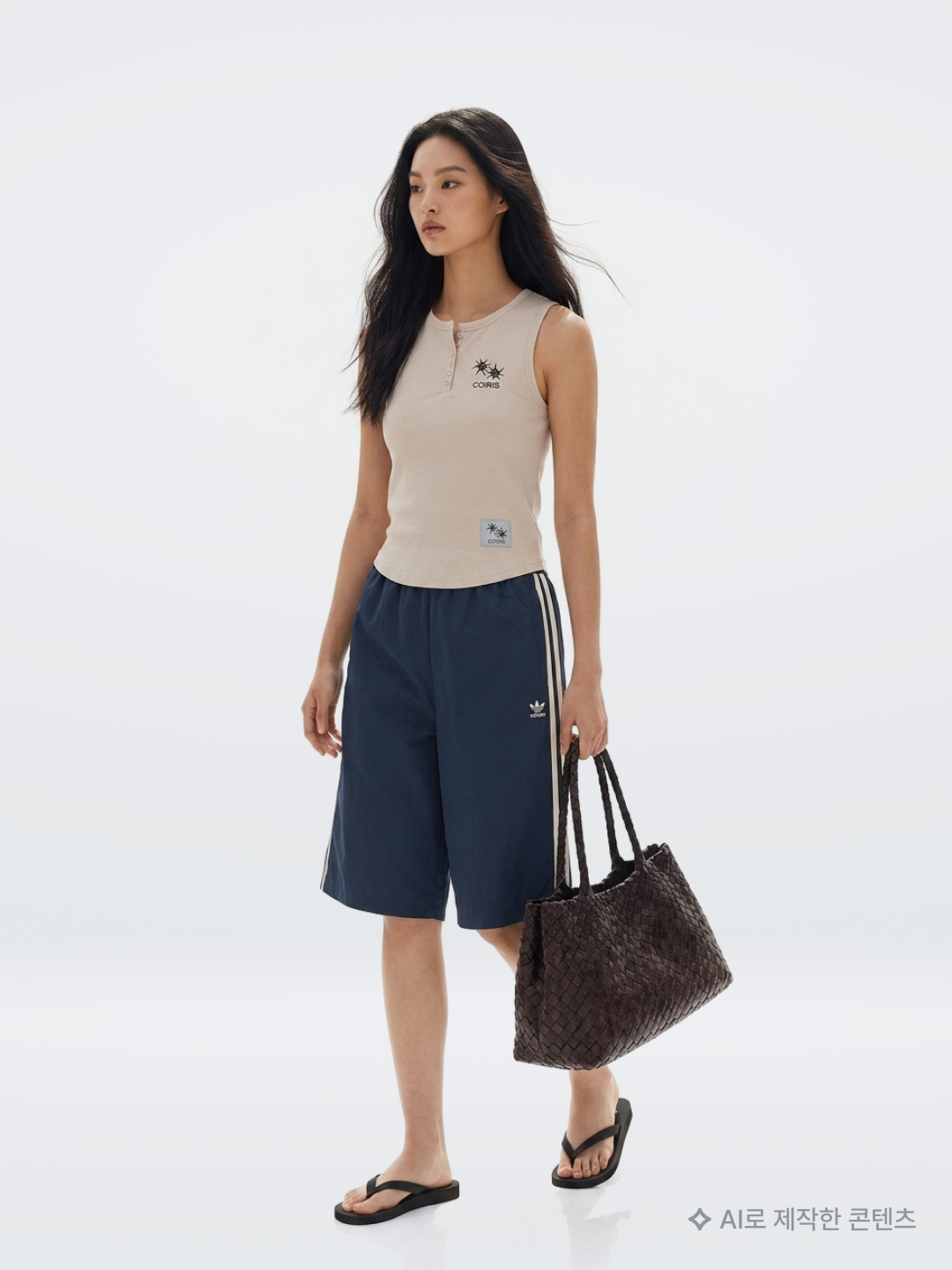Coiris Arina Button Crop Sleeveless Beige, Adidas Originals Capri Shorts Crew Blue Cream White - KR Sizing 착용 스타일 - 2