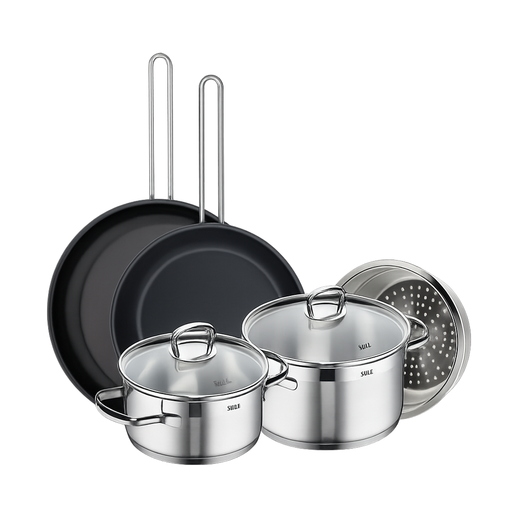 실리트 실리썸 롬바르디아 스텐냄비후라이팬 4종+찜기(16L+20H+24,28FP+찜기)(Silit Silissome Lombardia Stainless Steel Pot & Frying Pan 4‑Piece Set + Steamer (16cm Low Pot + 20cm High Pot + 24cm & 28cm Frying Pans + Steamer))