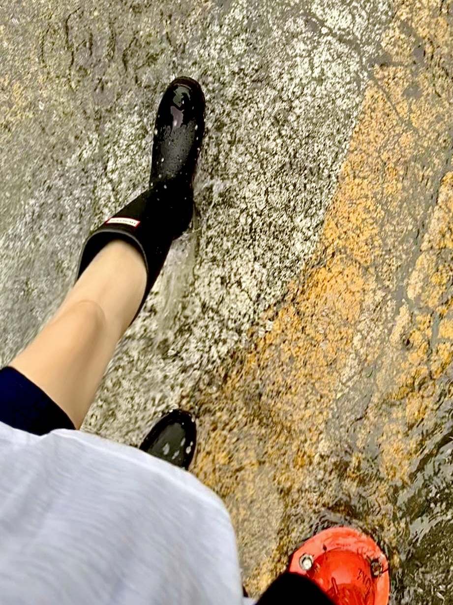 (W) Hunter Play Tall Wellington Rain Boots Black 착용 스타일