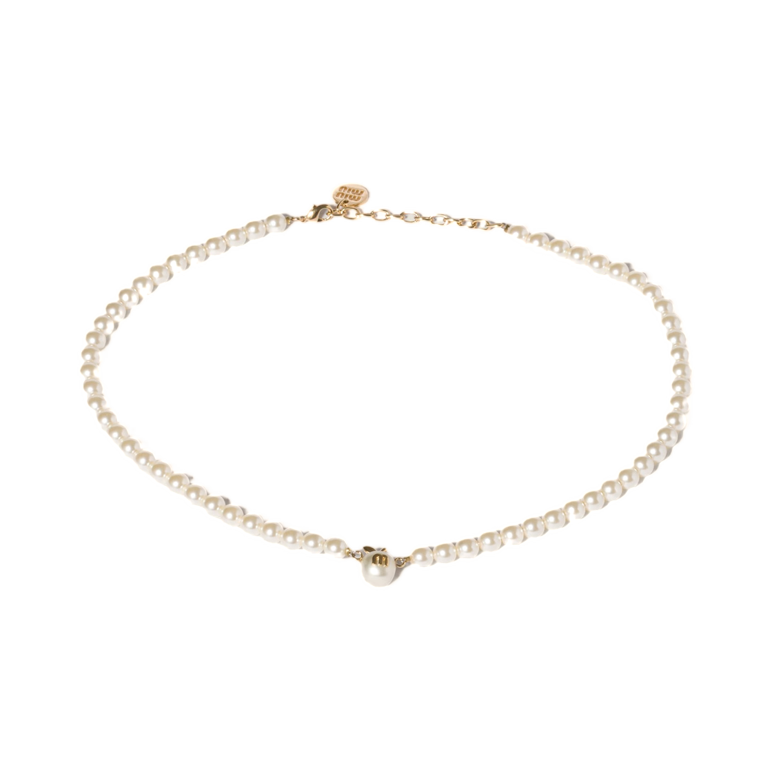 5IC347-2G9O-F0SAJ Miu Miu Metal and Pearl Necklace Gold Cream