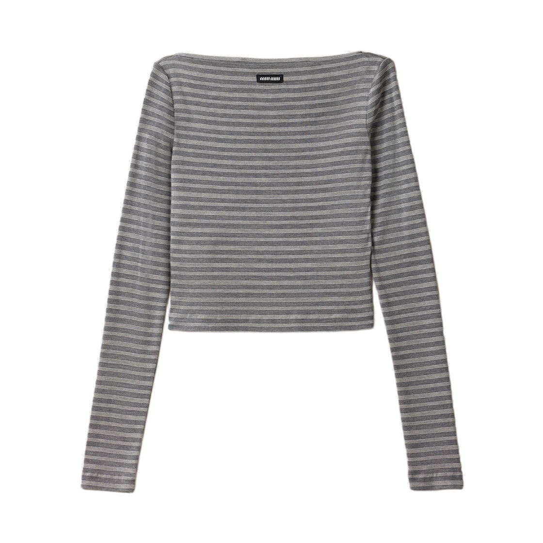 (W) 미우 미우 스트라이프 저지 탑 슬레이트 그레이 화이트((W) Miu Miu Striped Jersey Top Slate Gray White)