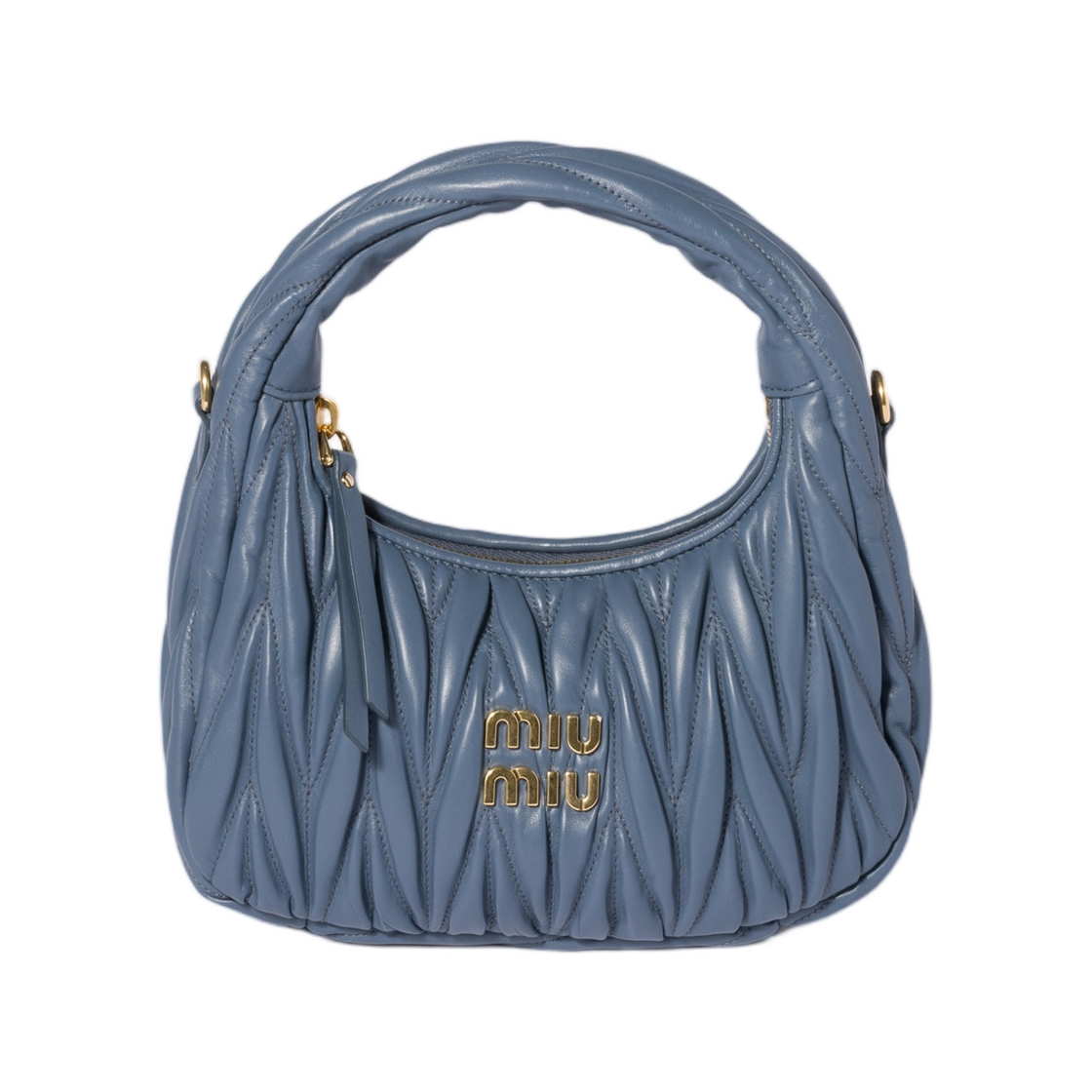 5BC125-AN88-F0D57 Miu Miu Wander Matelasse Nappa Leather Hobo Bag Aviation Blue