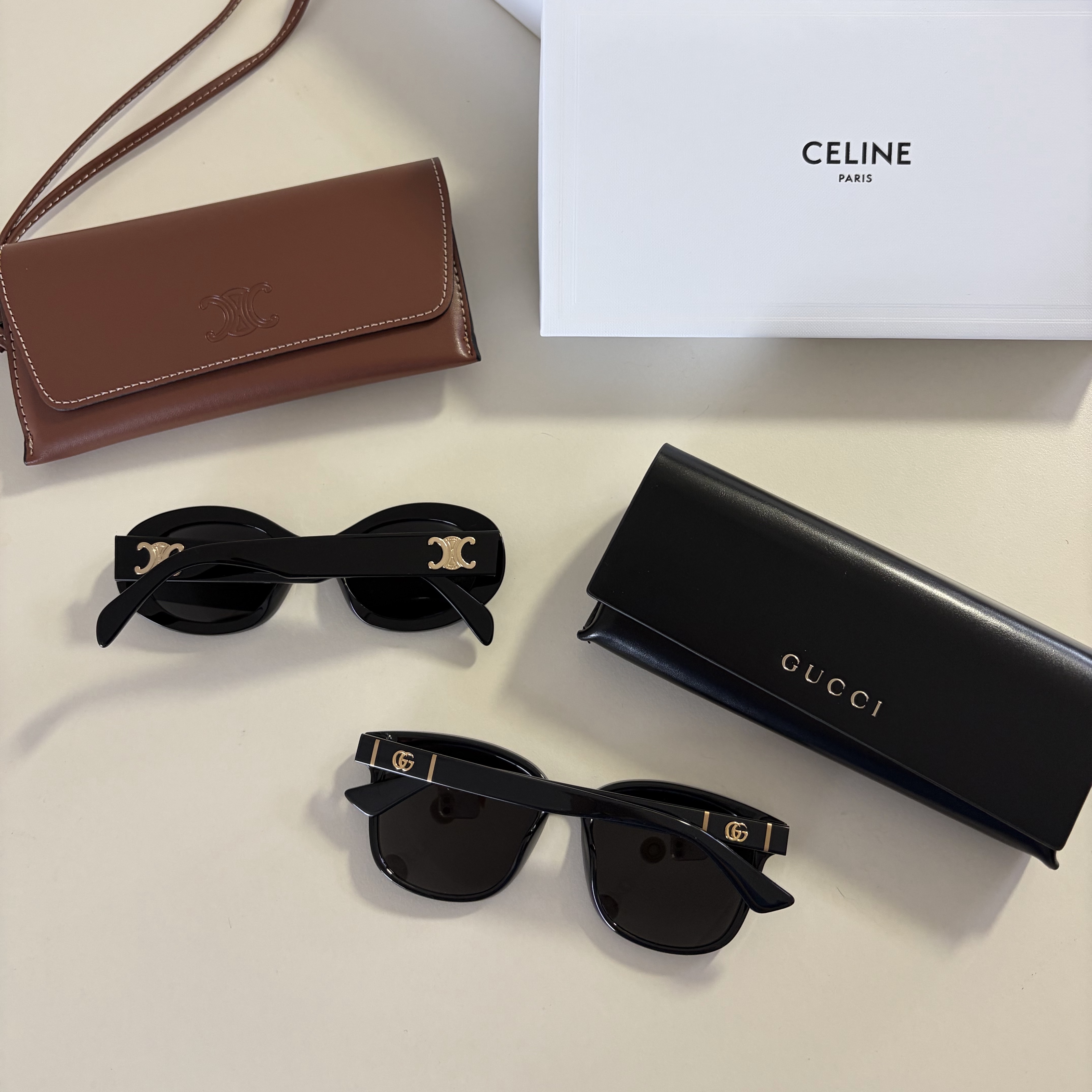 Gucci Square Frame Acetate Sunglasses Black, (W) Celine Triomphe 01 Sunglasses in Acetate Black 착용 스타일 - 2