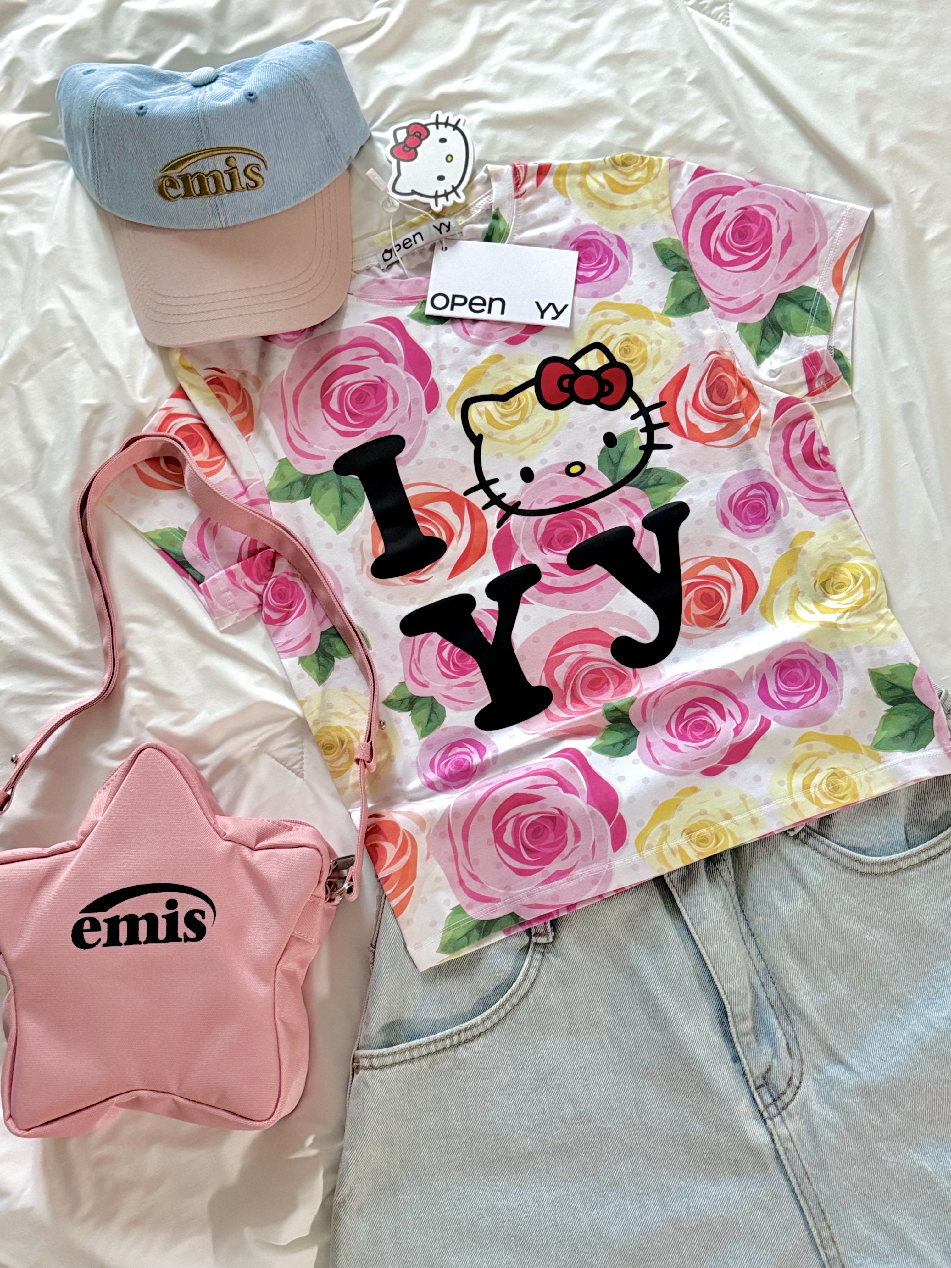 Open Yy x Hello Kitty Baby T-Shirt Pink, Emis Star Bag Pink 착용 스타일 - 1