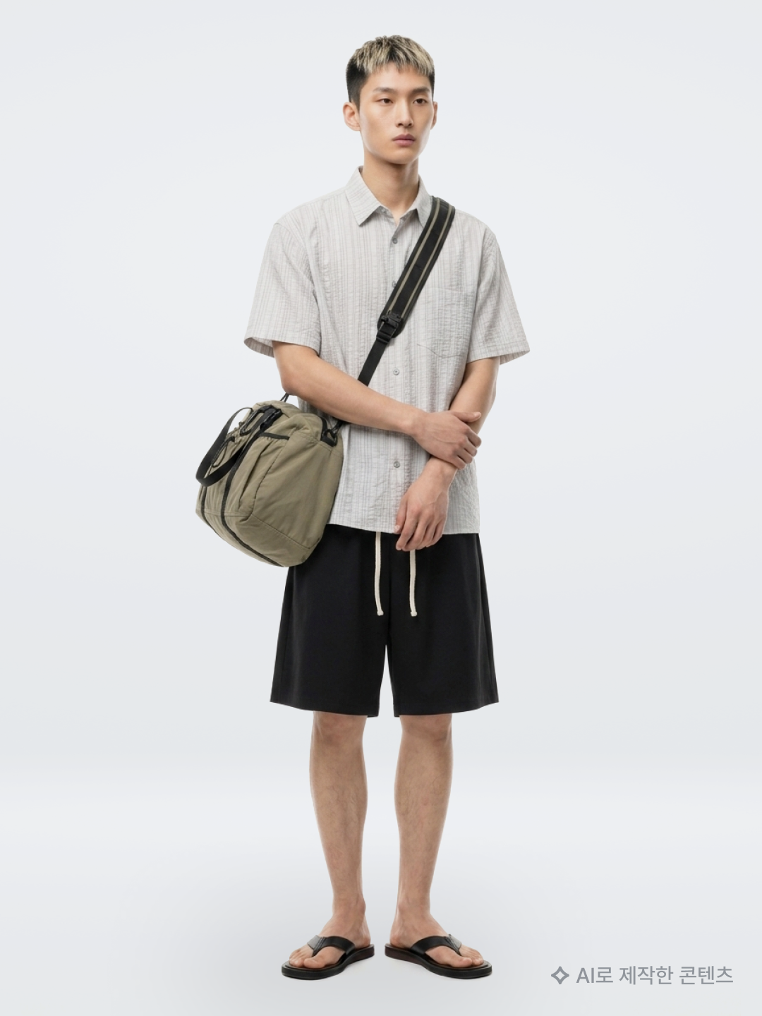 Stussy x Our Legacy Collegiate Pig. Dyed T-Shirt Taupe Overdyed Black, Suade Wide Cargo Shorts Green Camo 착용 스타일 - 6