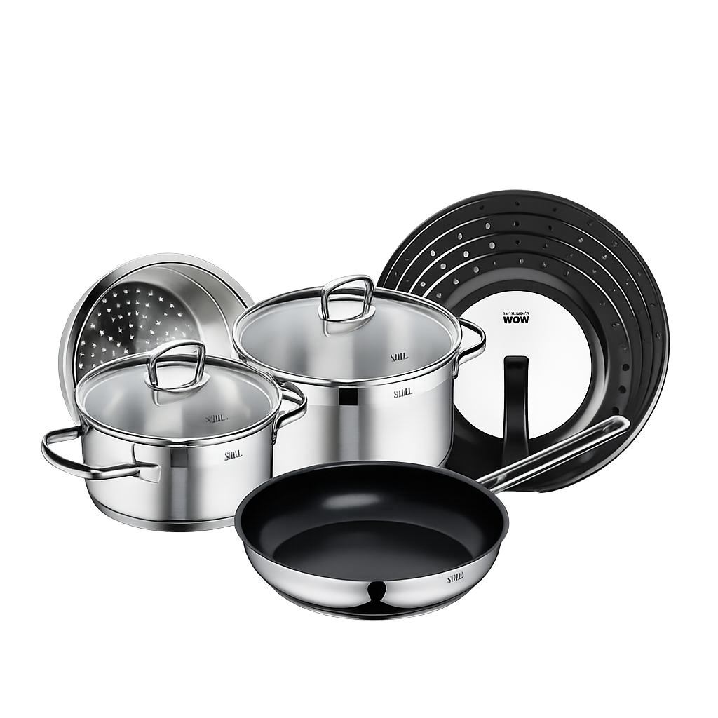 실리트 실리썸 롬바르디아 스텐냄비후라이팬 3종+찜기+튐방지세트 (16L+20H+찜기+FP24+튐방지뚜껑)(Silit Silissome Lombardia Stainless Steel Pot & Frying Pan 3‑Piece Set + Steamer + Splatter Guard (16cm Low Pot + 20cm High Pot + Steamer + 24cm Fryi)