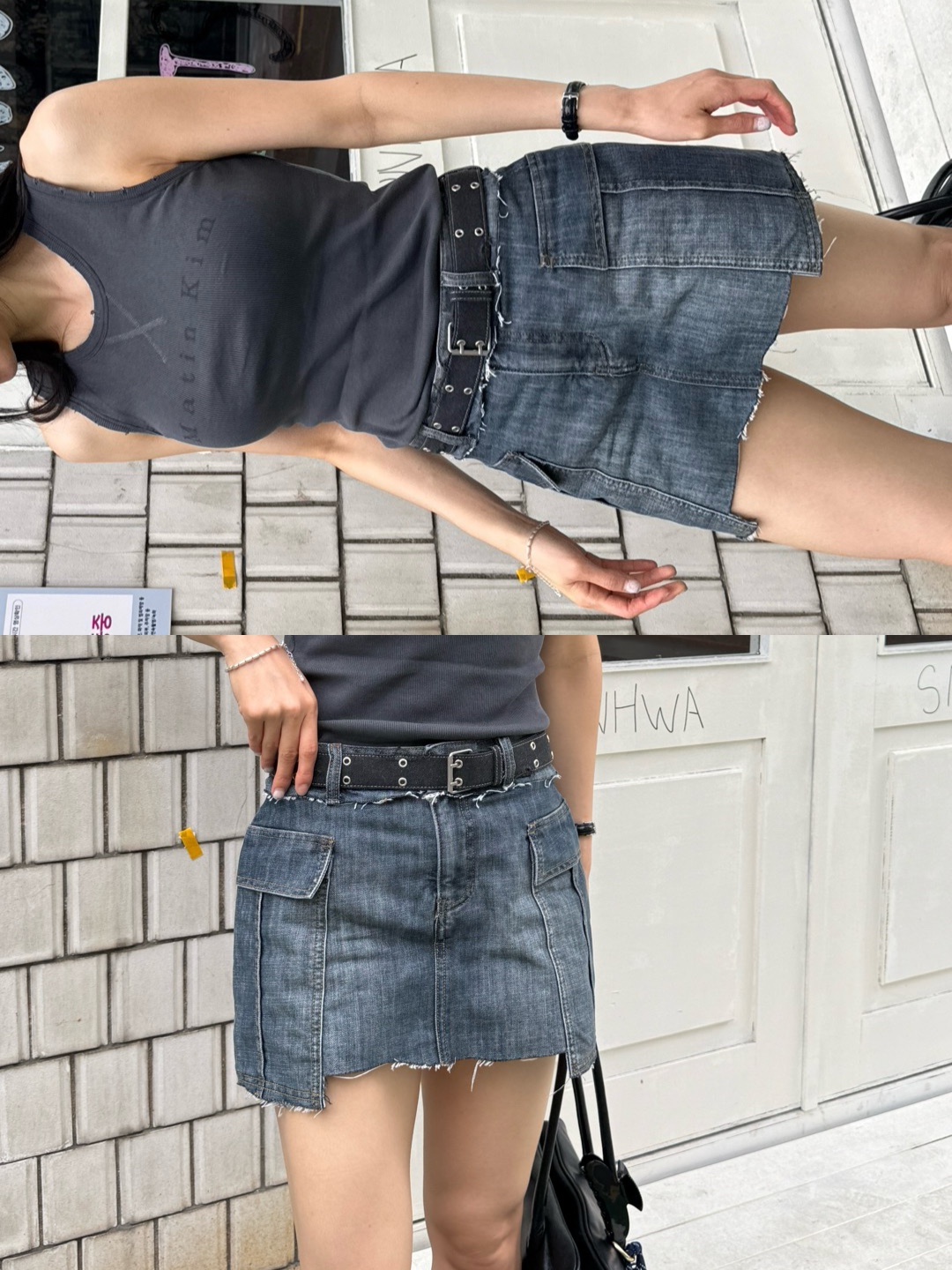 (W) Matin Kim Cargo Mini Denim Skort In Blue, (W) Matin Kim Distressed Sleeveless Logo Top In Charcoal 착용 스타일 - 3