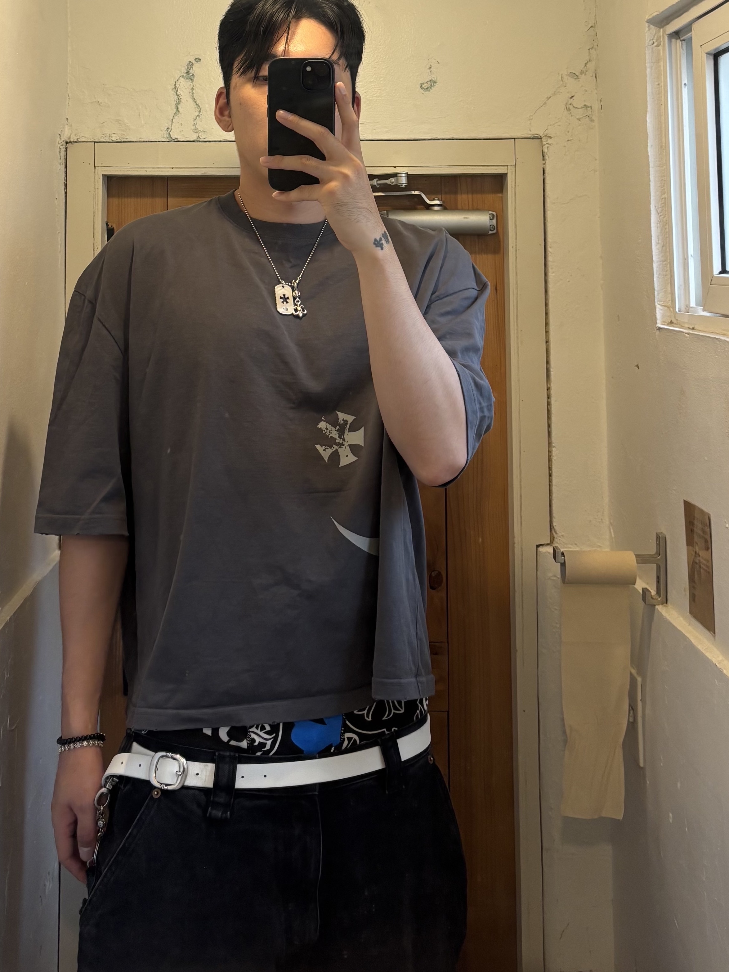 Wapworks SWP wide crop T Charcoal, Rick Owens Vintage Sneakers Black Pearl 착용 스타일 - 3