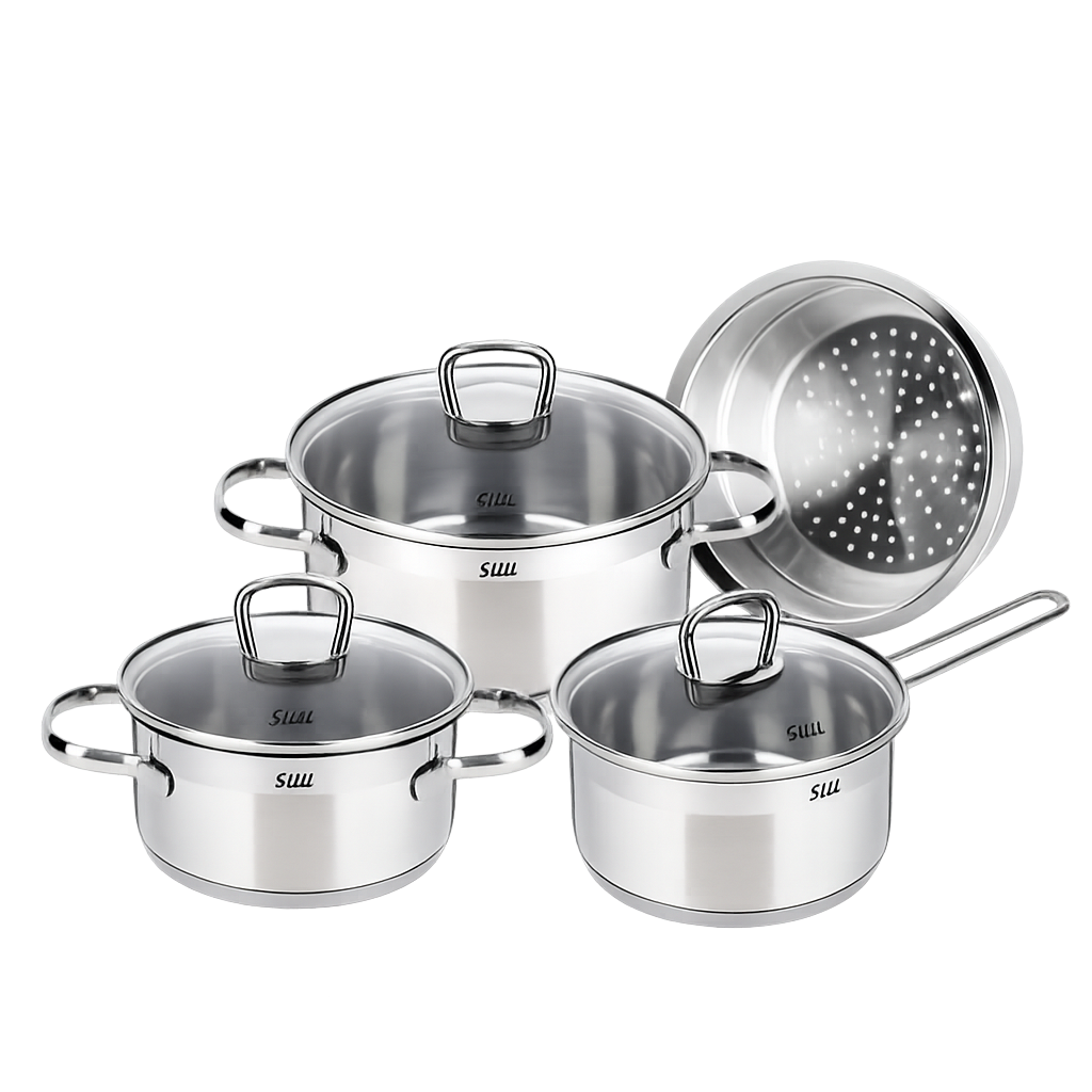 실리트 실리썸 롬바르디아 스텐냄비 3종(16편+16L+20L)+찜기(Silit Silissome Lombardia Stainless Steel Pot 3‑Piece Set (16cm Saucepan + 16cm Low Pot + 20cm Low Pot) + Steamer)