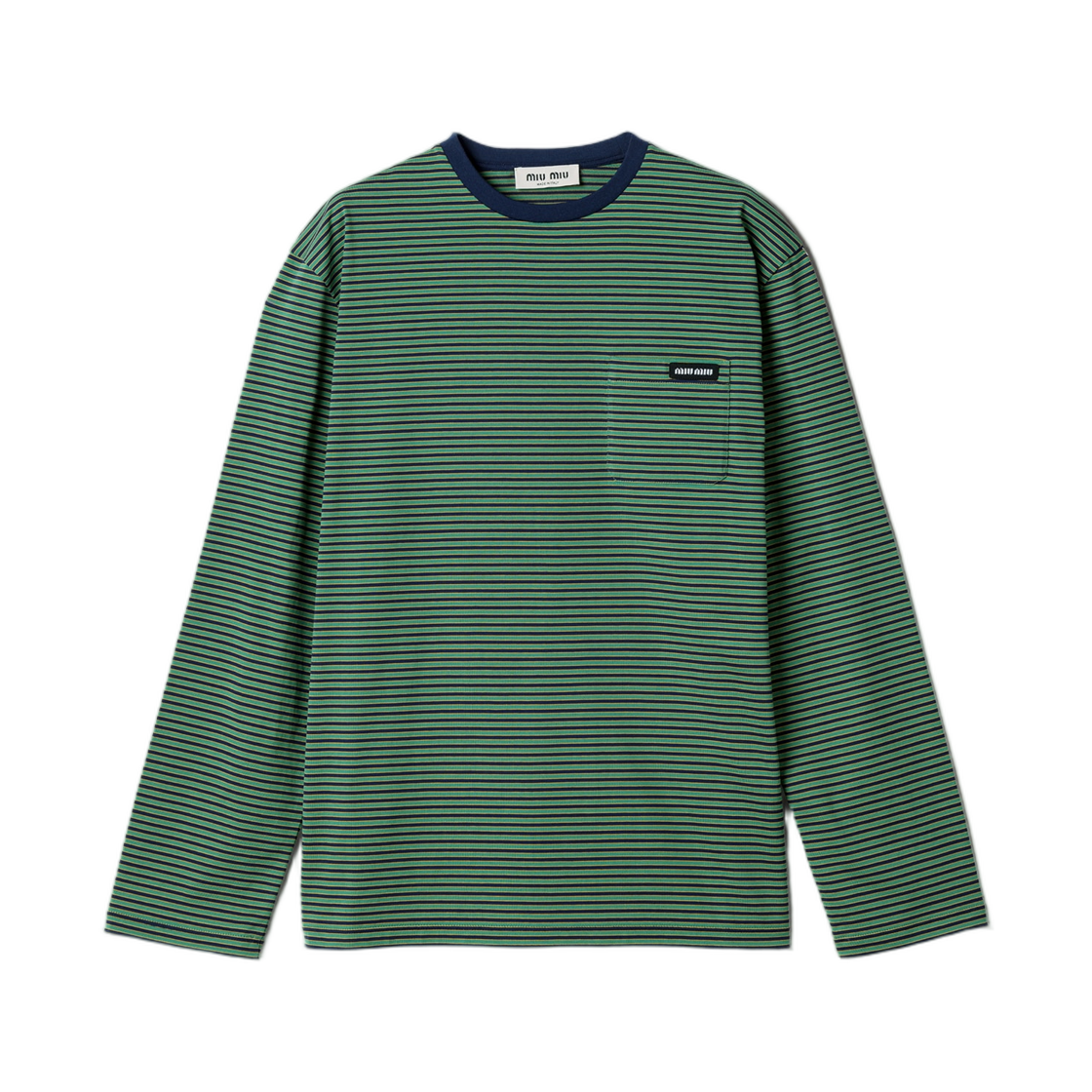 (W) 미우 미우 스트라이프 저지 티셔츠 네이비 그린((W) Miu Miu Striped Jersey T-Shirt Navy Green)