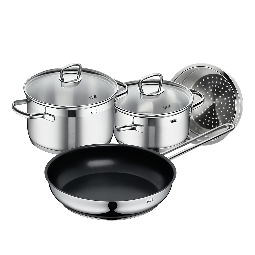 실리트 실리썸 롬바르디아 스텐냄비후라이팬 4종(16+20H+28FP+찜기)(Silit Silissome Lombardia Stainless Steel Pot & Frying Pan 4‑Piece Set (16cm Saucepan + 20cm High Pot + 28cm Frying Pan + Steamer))